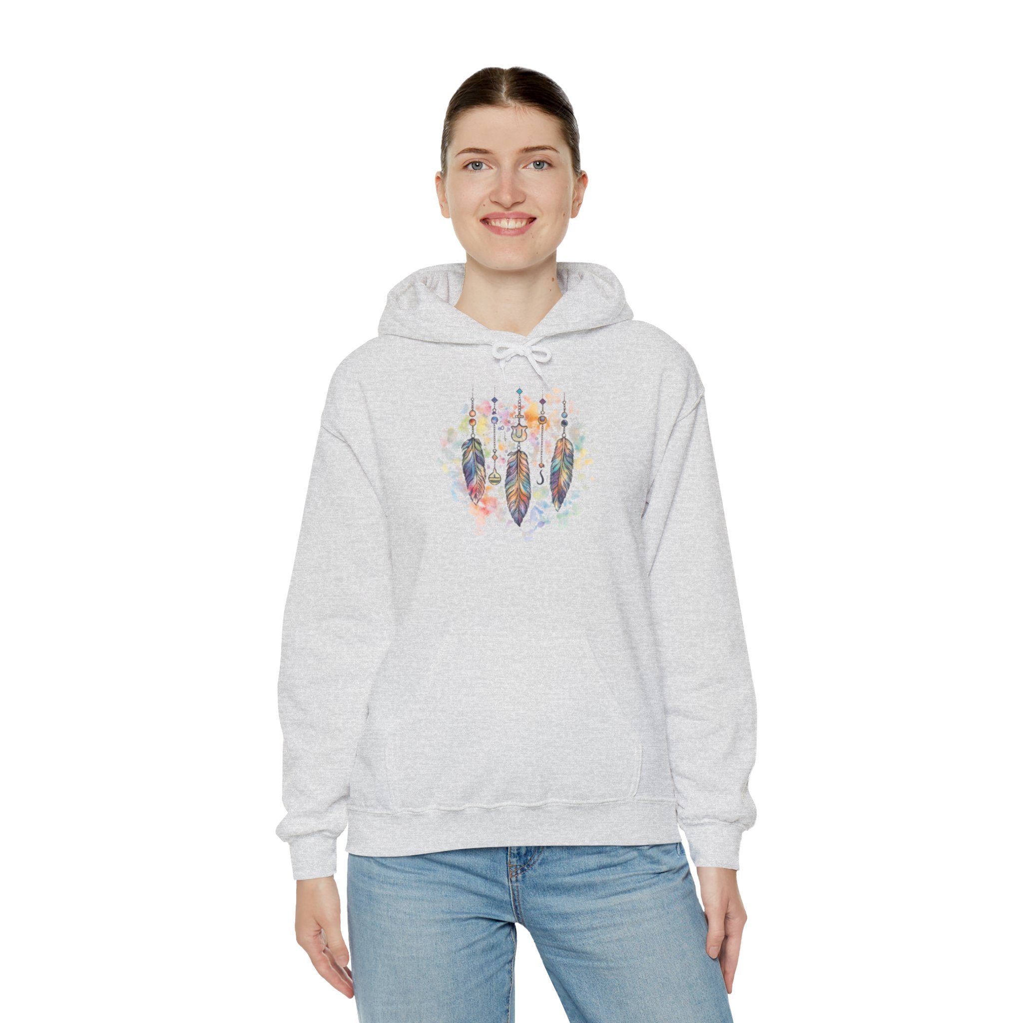 Boho Feather Dreamcatcher Hoodie — Watercolor Tribal Feathers Pullover