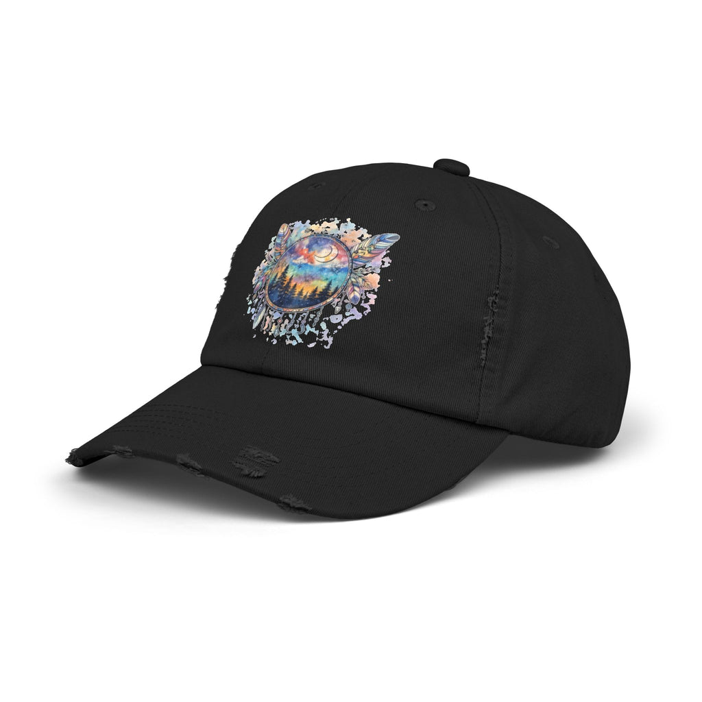 Wolf Moon Distressed Cap — Watercolor Nightscape Hat