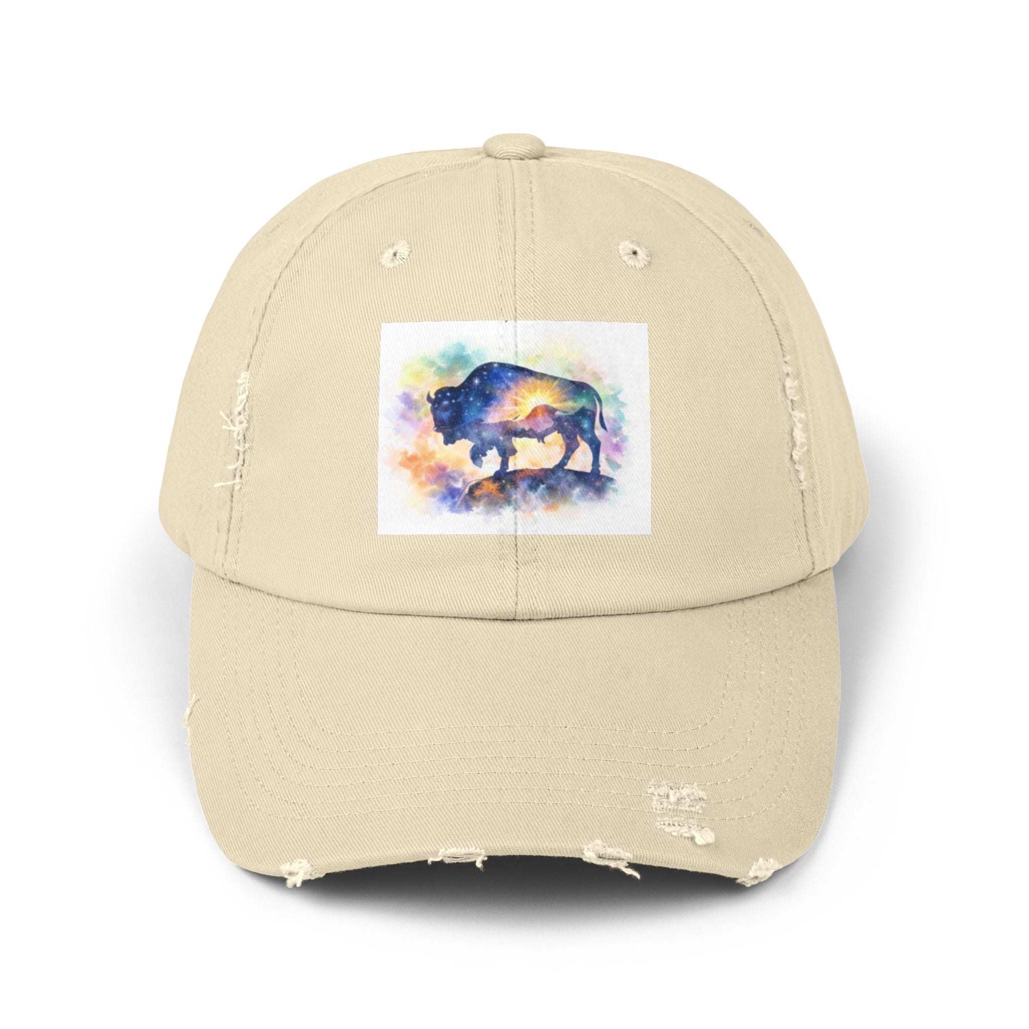 Distressed Buffalo Cap — Watercolor Bison Patch Hat