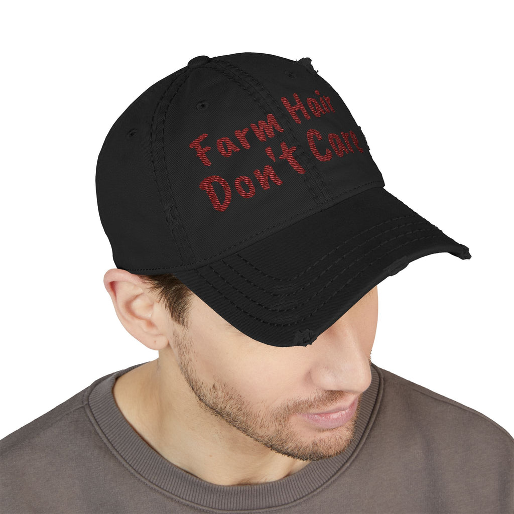Distressed Dad Hat — "Farm Hair Don’t Care" Embroidered Cap