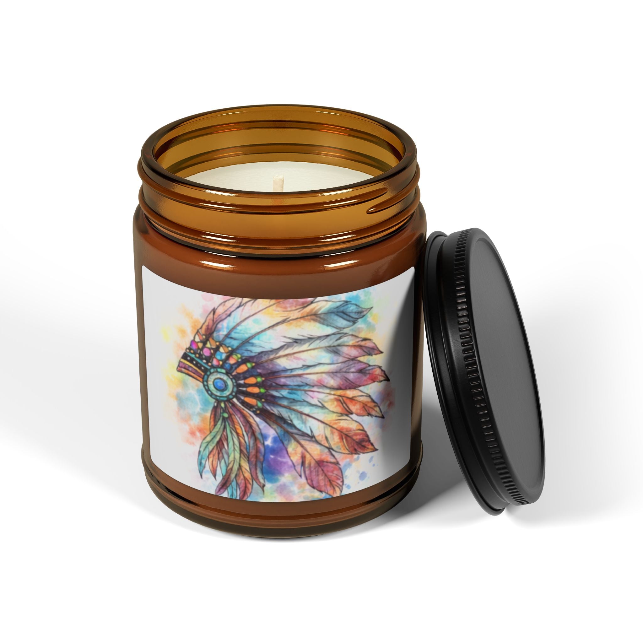 Watercolor Feather Headdress Soy Candle — Amber Jar (Scented)