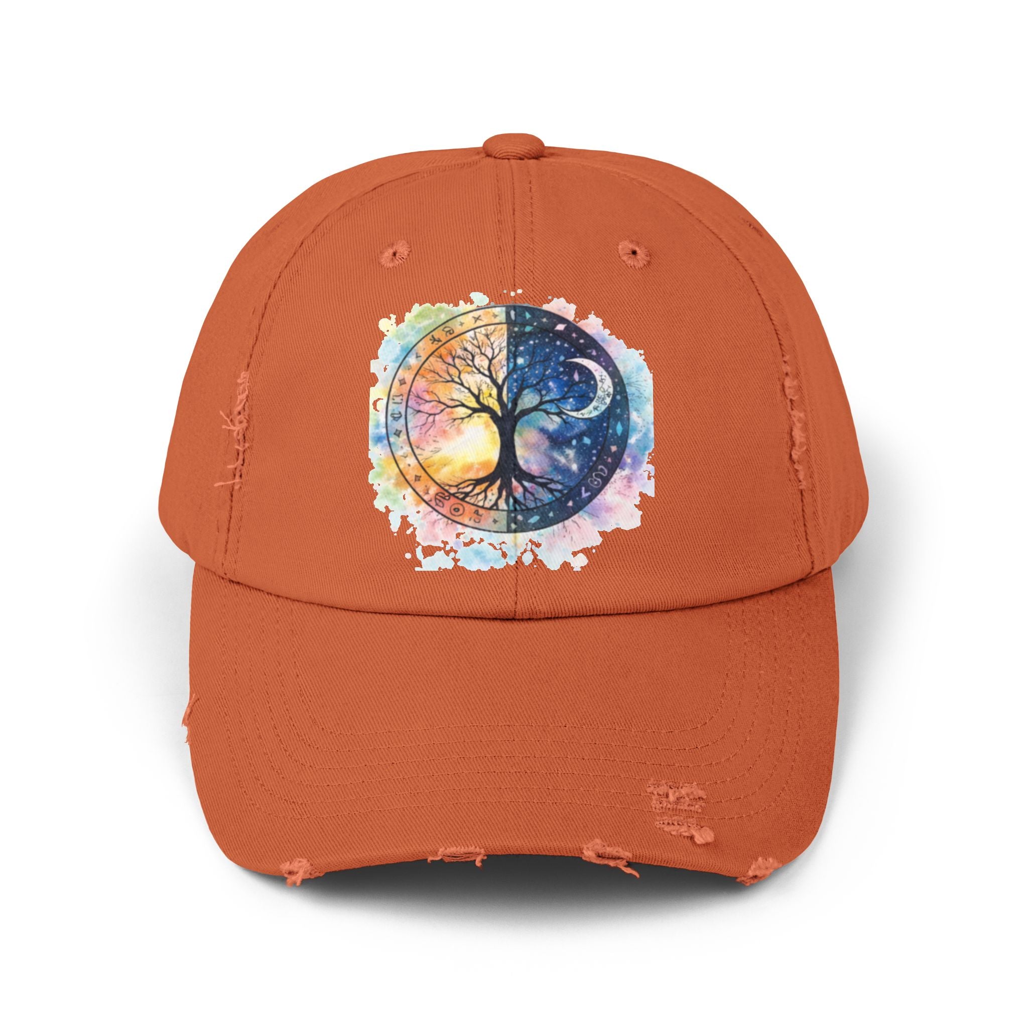 Distressed Cap — Watercolor Yin Yang Tree Baseball Hat