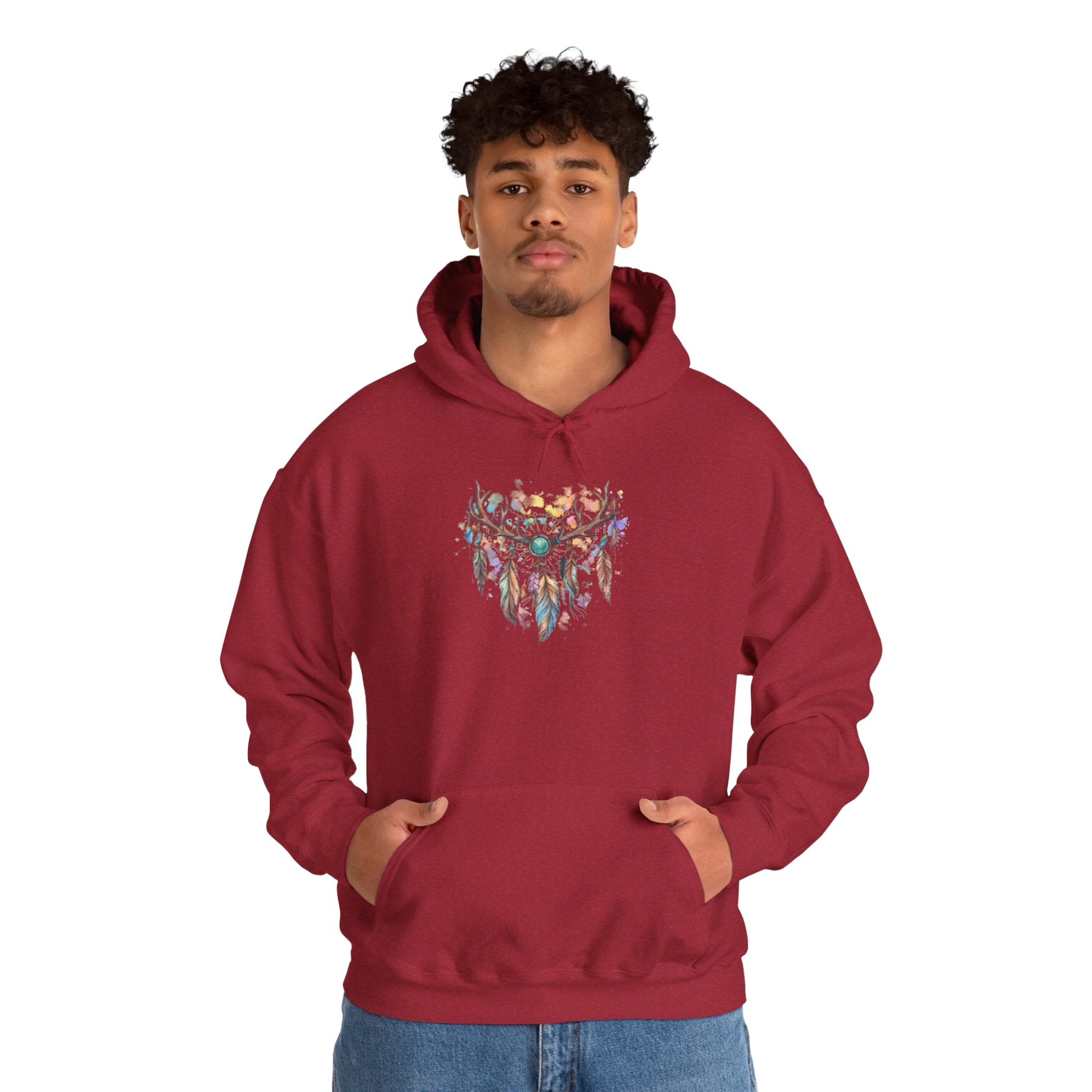 Dreamcatcher Antler Hoodie — Watercolor Feathers & Floral Boho Sweatshirt