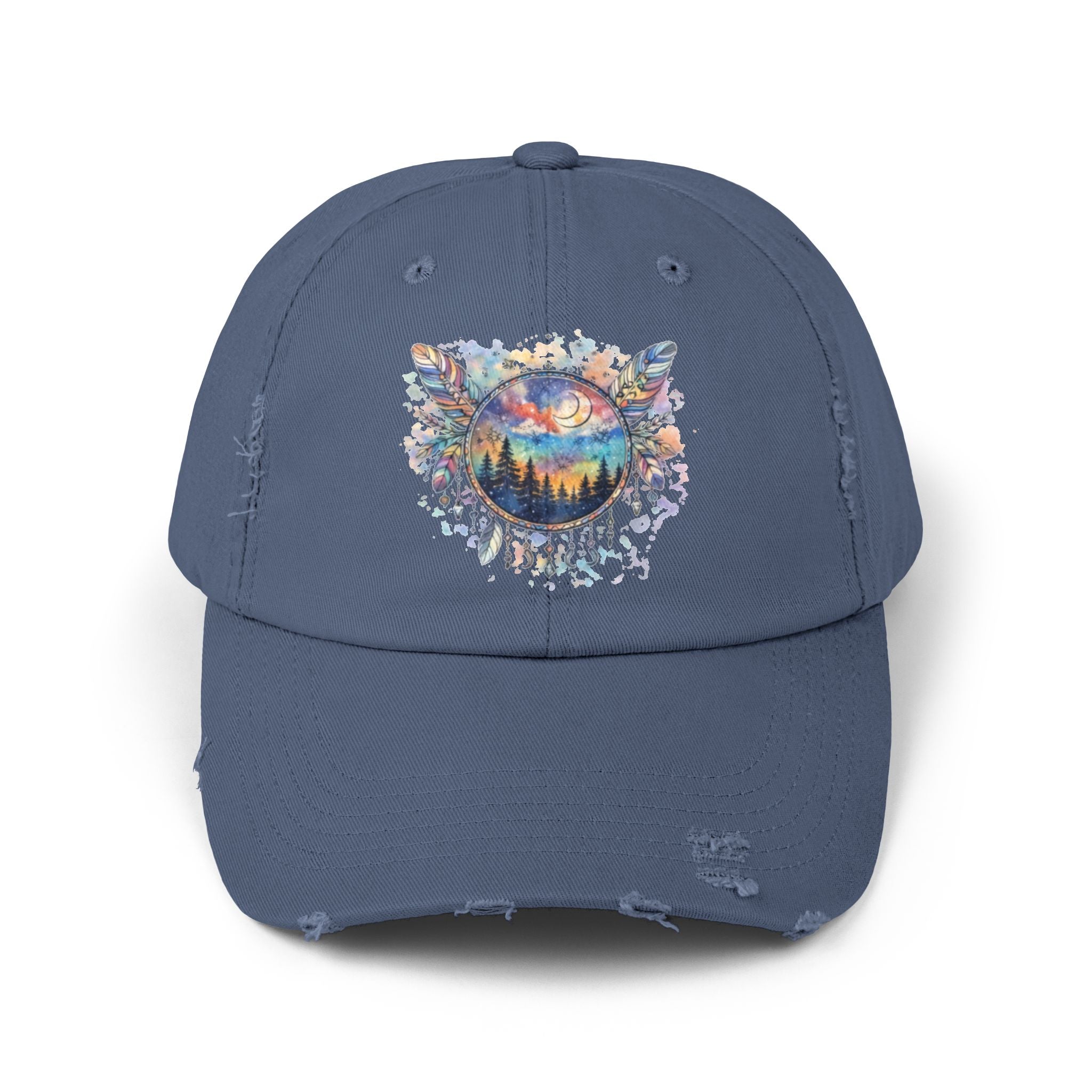 Wolf Moon Distressed Cap — Watercolor Nightscape Hat
