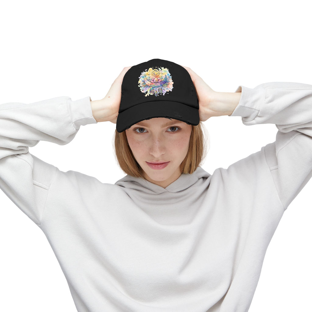 Distressed Cap with Watercolor Lotus & Crescent Moon — Boho Yoga Hat