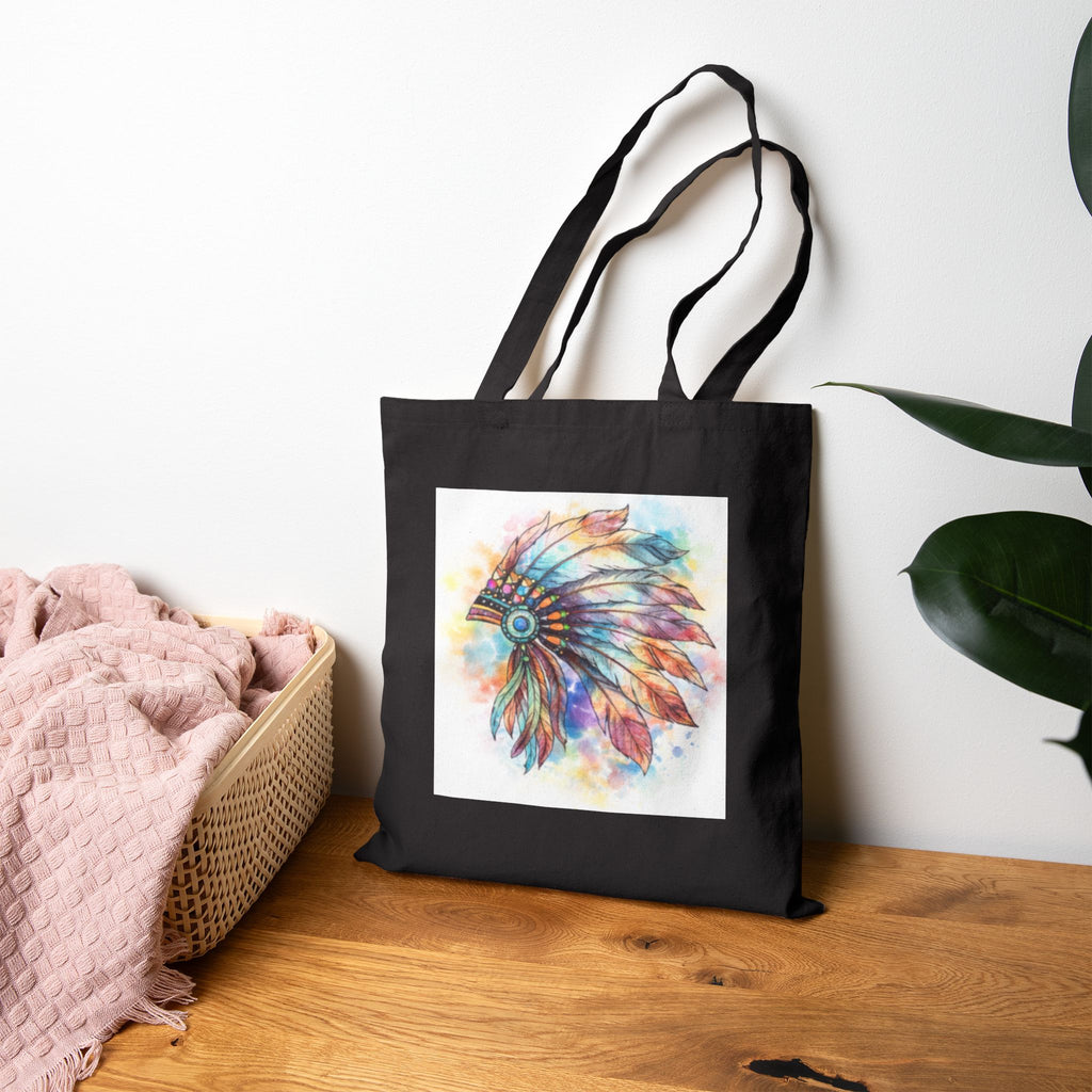 Watercolor Native Headdress Tote Bag | Feather Boho Canvas
