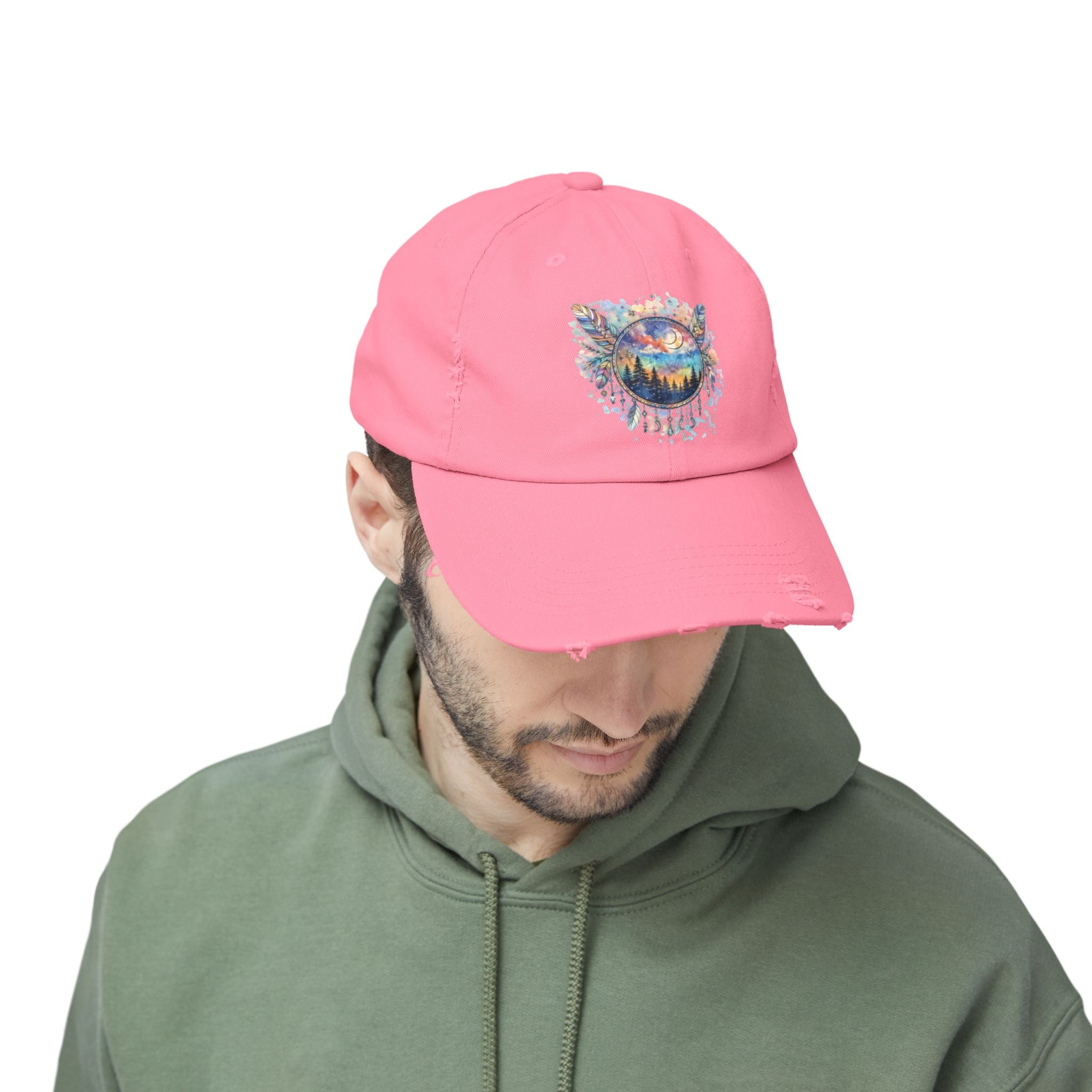 Wolf Moon Distressed Cap — Watercolor Nightscape Hat
