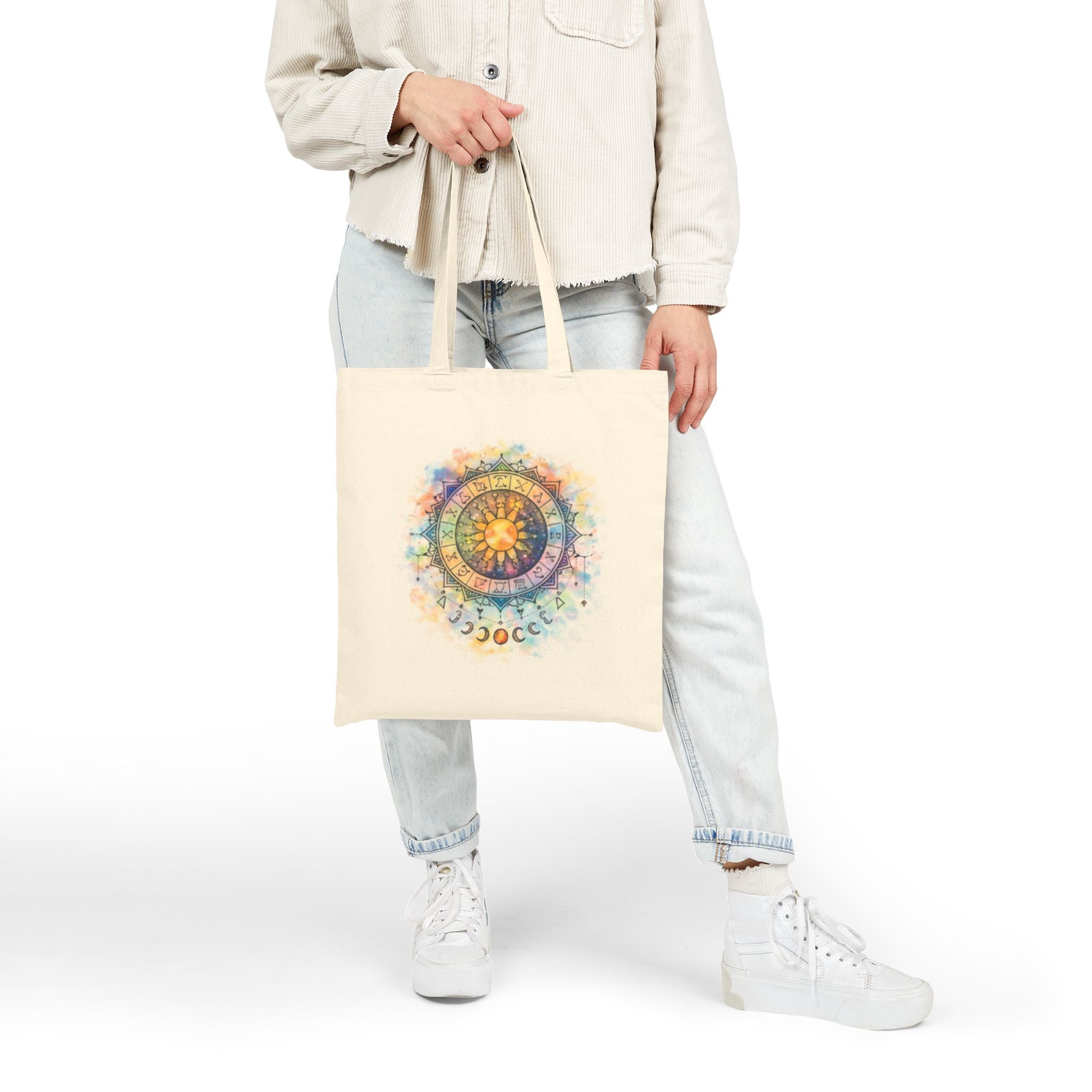 Watercolor Sun Mandala Tote Bag | Celestial Moon Phase Design