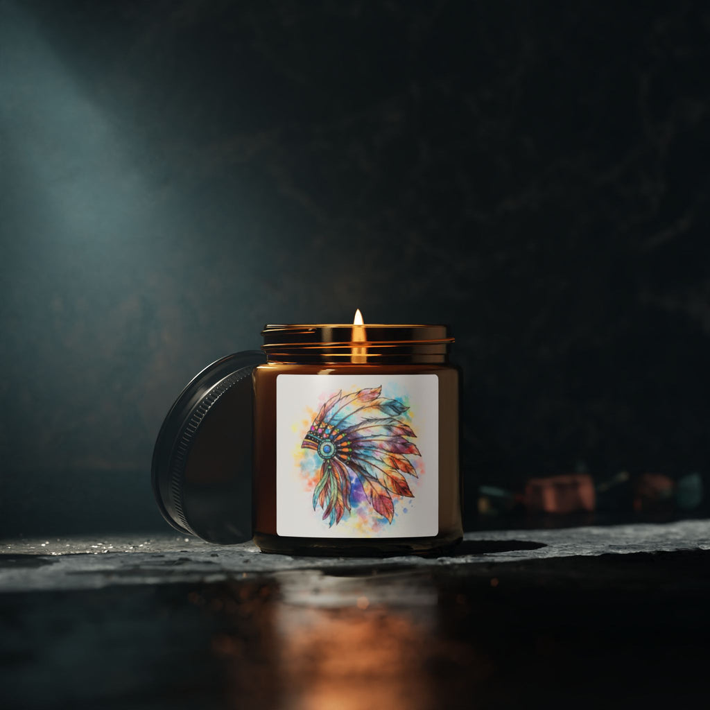 Watercolor Feather Headdress Soy Candle — Amber Jar (Scented)