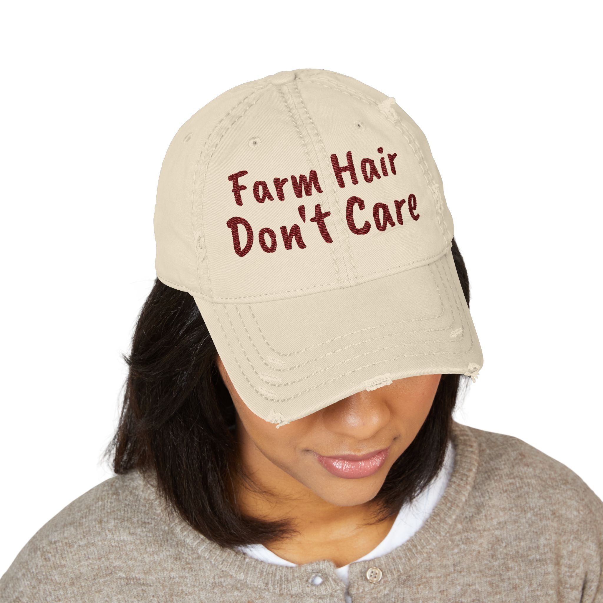 Distressed Dad Hat — "Farm Hair Don’t Care" Embroidered Cap