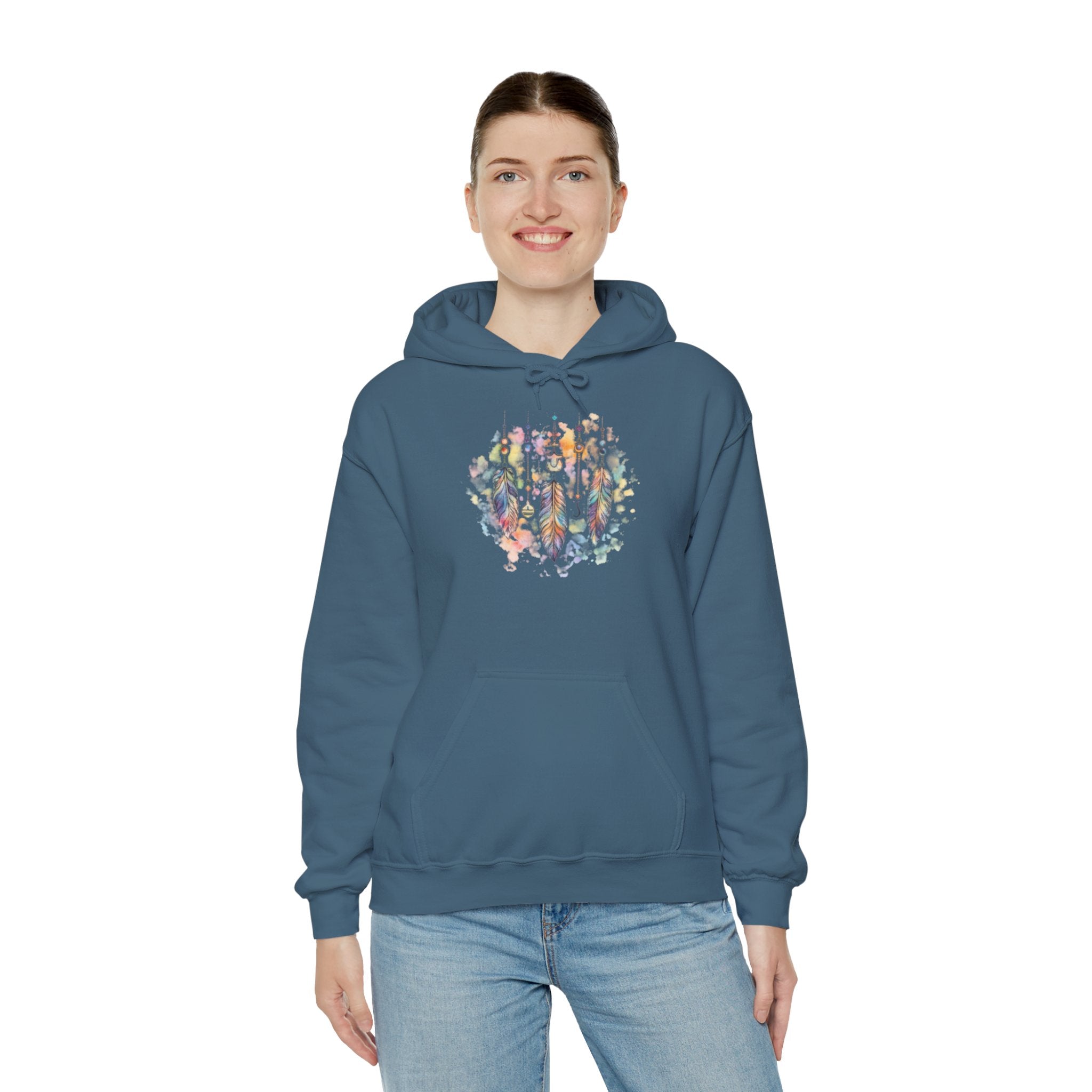 Boho Feather Dreamcatcher Hoodie — Watercolor Tribal Feathers Pullover
