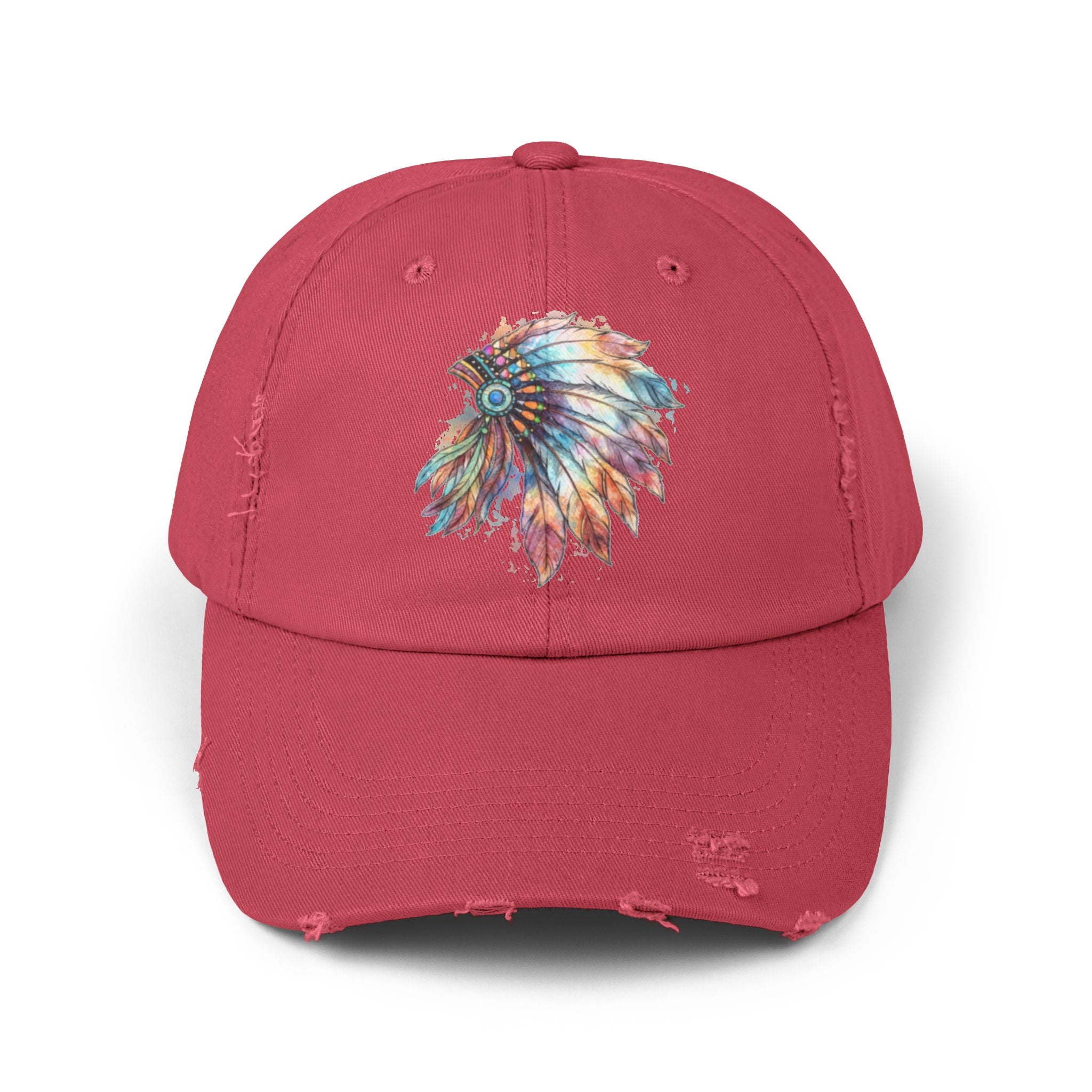 Distressed Cap with Colorful Watercolor Native Feather Headdress