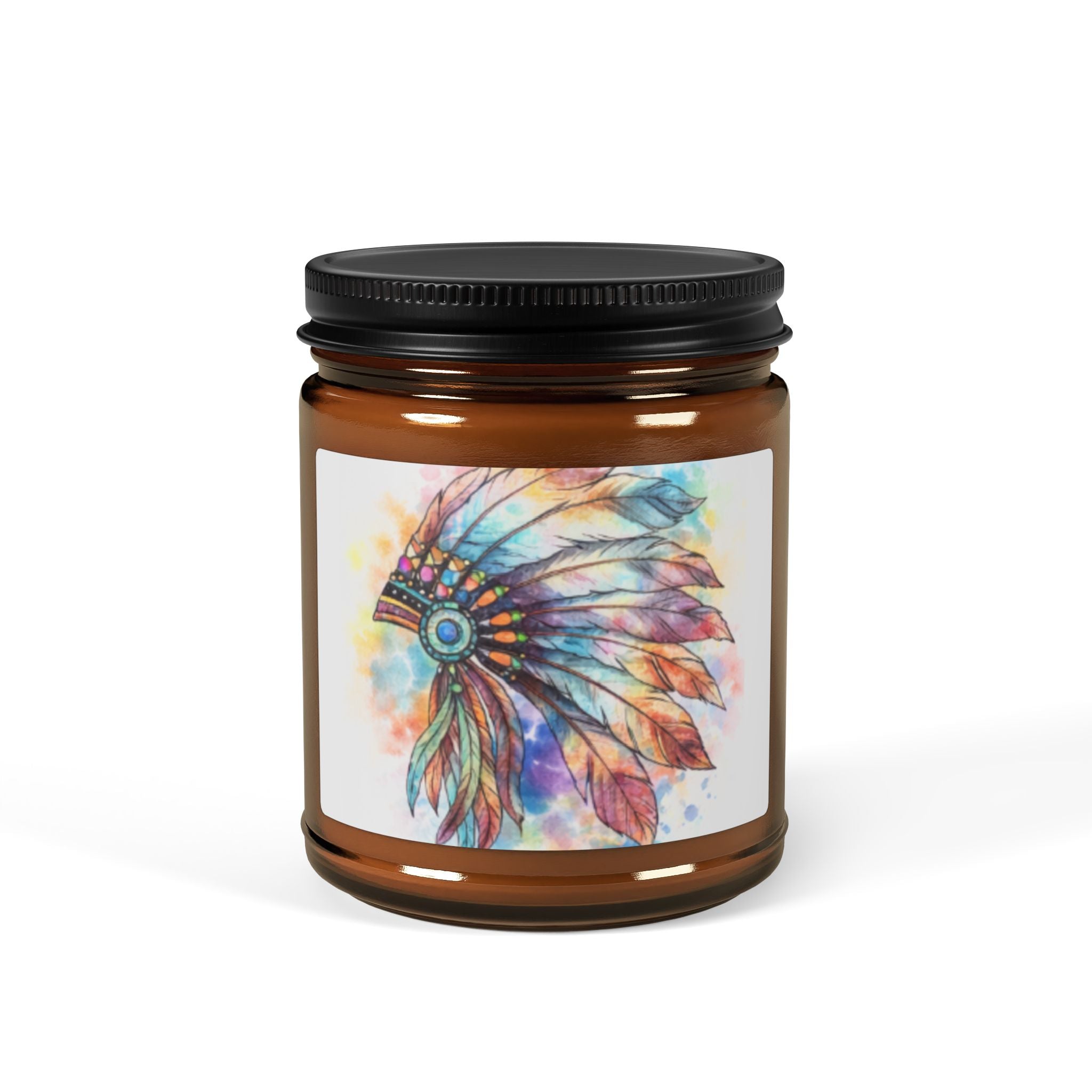 Watercolor Feather Headdress Soy Candle — Amber Jar (Scented)
