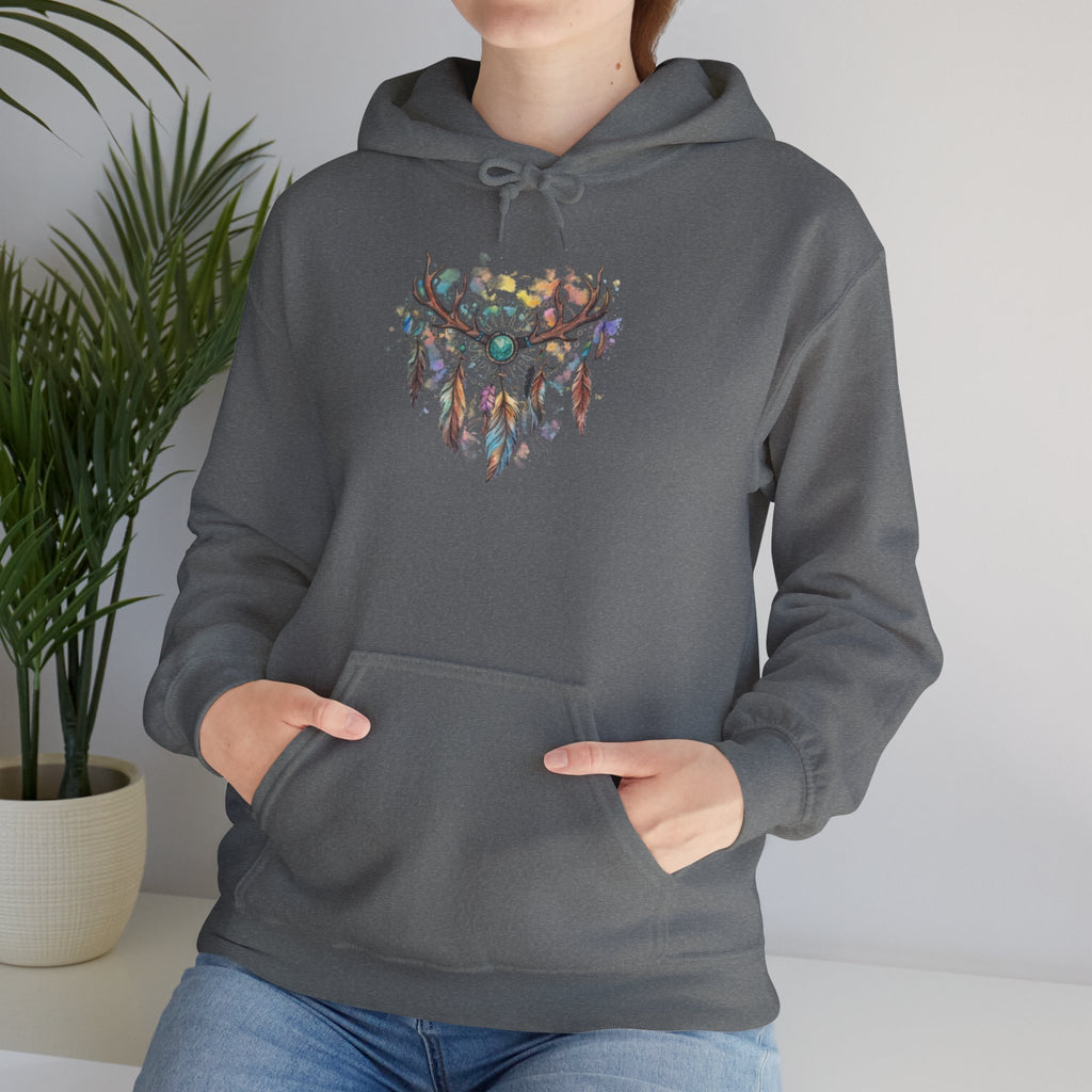 Dreamcatcher Antler Hoodie — Watercolor Feathers & Floral Boho Sweatshirt