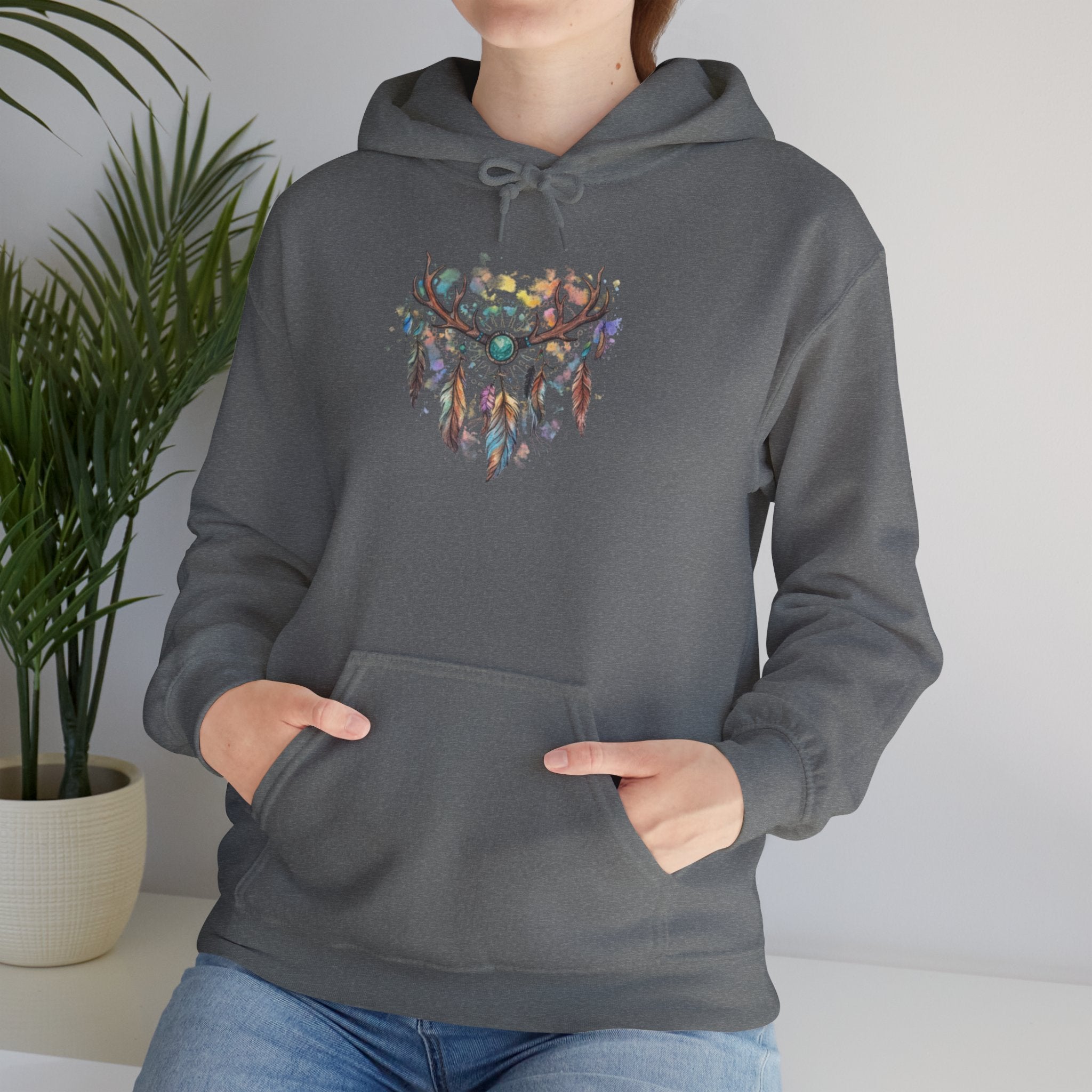 Dreamcatcher Antler Hoodie — Watercolor Feathers & Floral Boho Sweatshirt