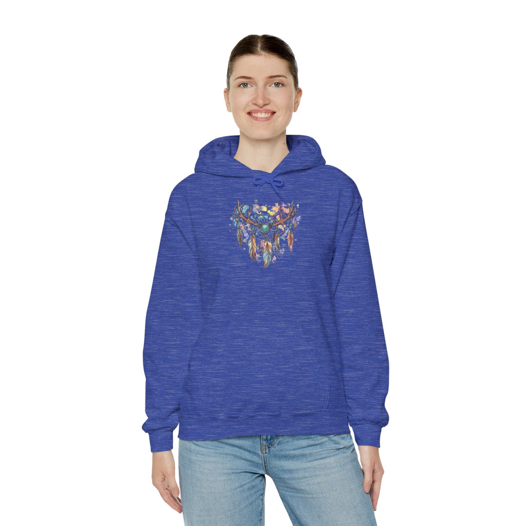 Dreamcatcher Antler Hoodie — Watercolor Feathers & Floral Boho Sweatshirt
