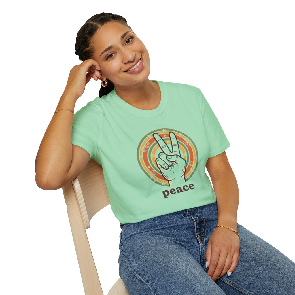 Peace Hand Sign T-Shirt | Retro Rainbow Circle, Vintage Hippie Vibe