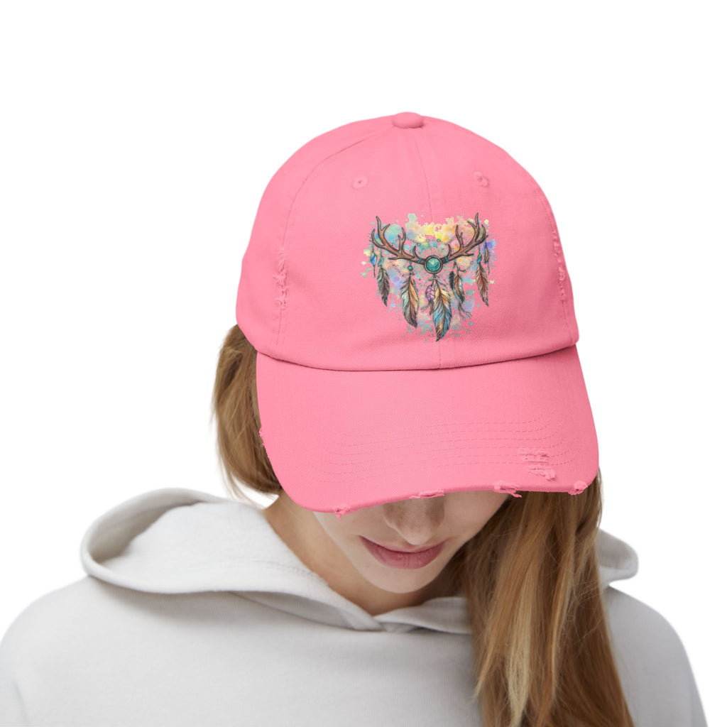 Distressed Hat. Watercolor Antler Dreamcatcher