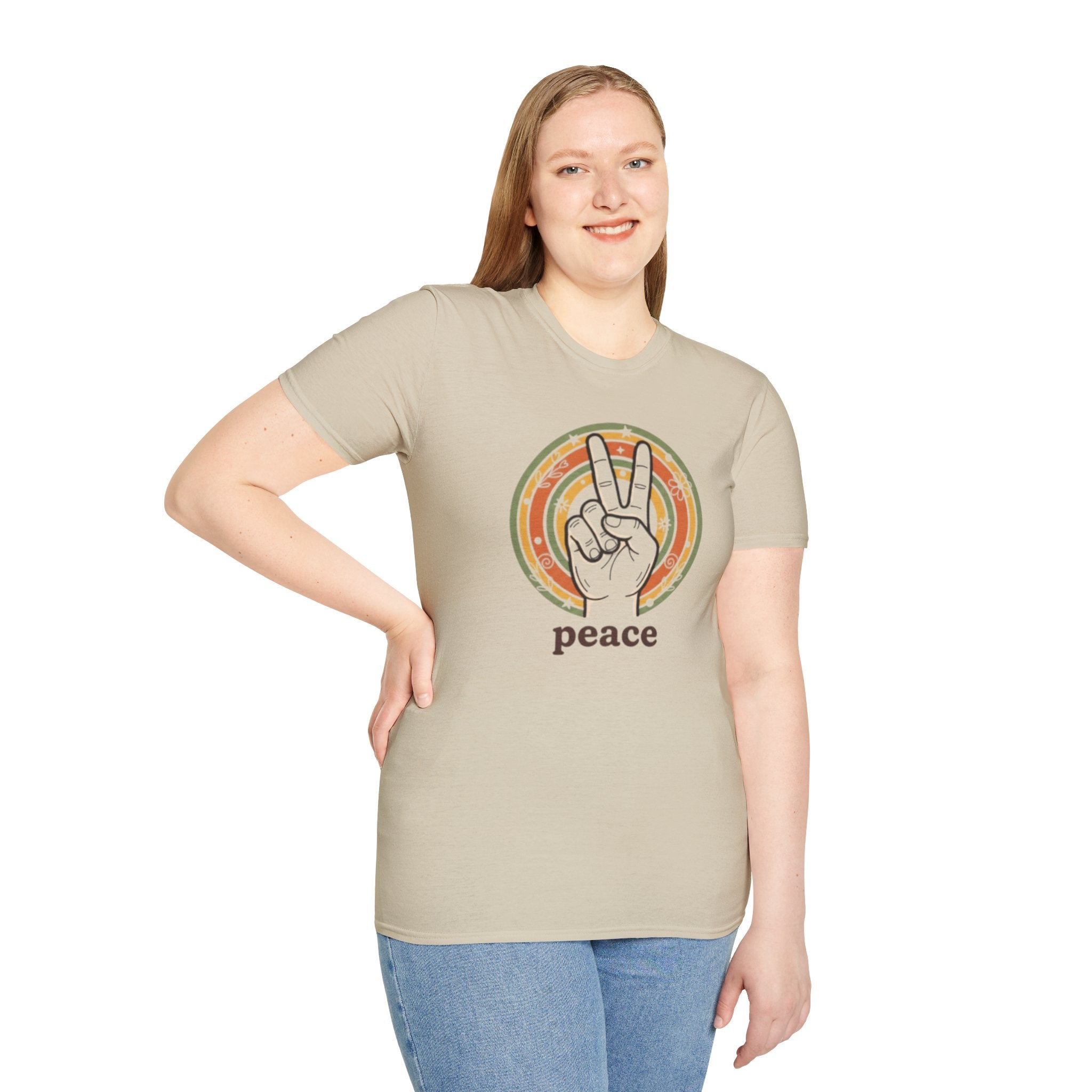 Peace Hand Sign T-Shirt | Retro Rainbow Circle, Vintage Hippie Vibe