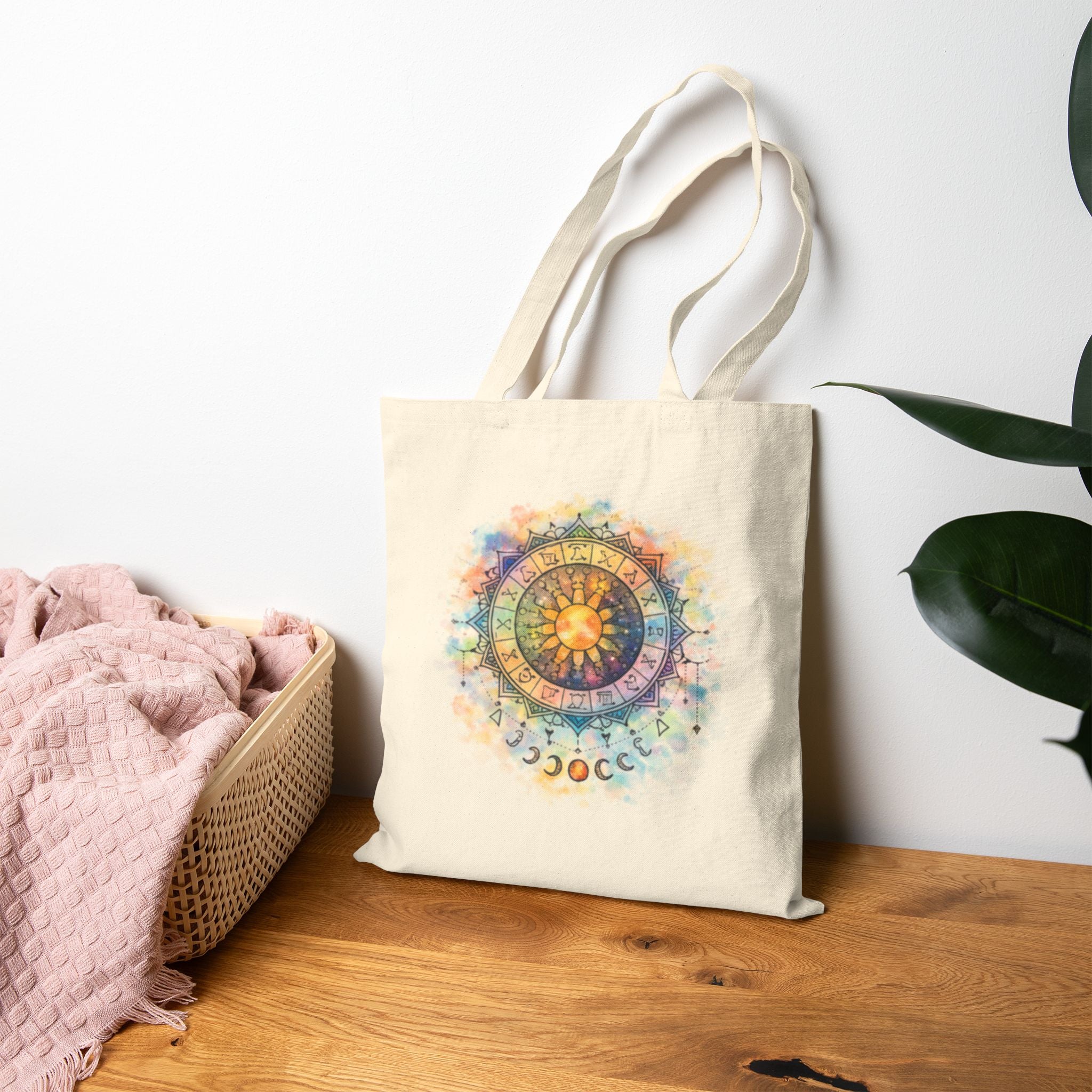 Watercolor Sun Mandala Tote Bag | Celestial Moon Phase Design
