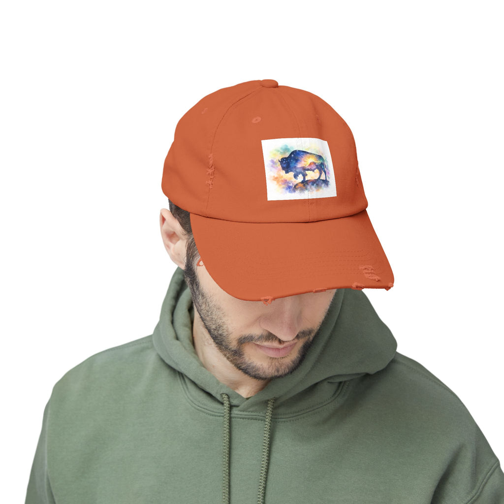 Distressed Buffalo Cap — Watercolor Bison Patch Hat
