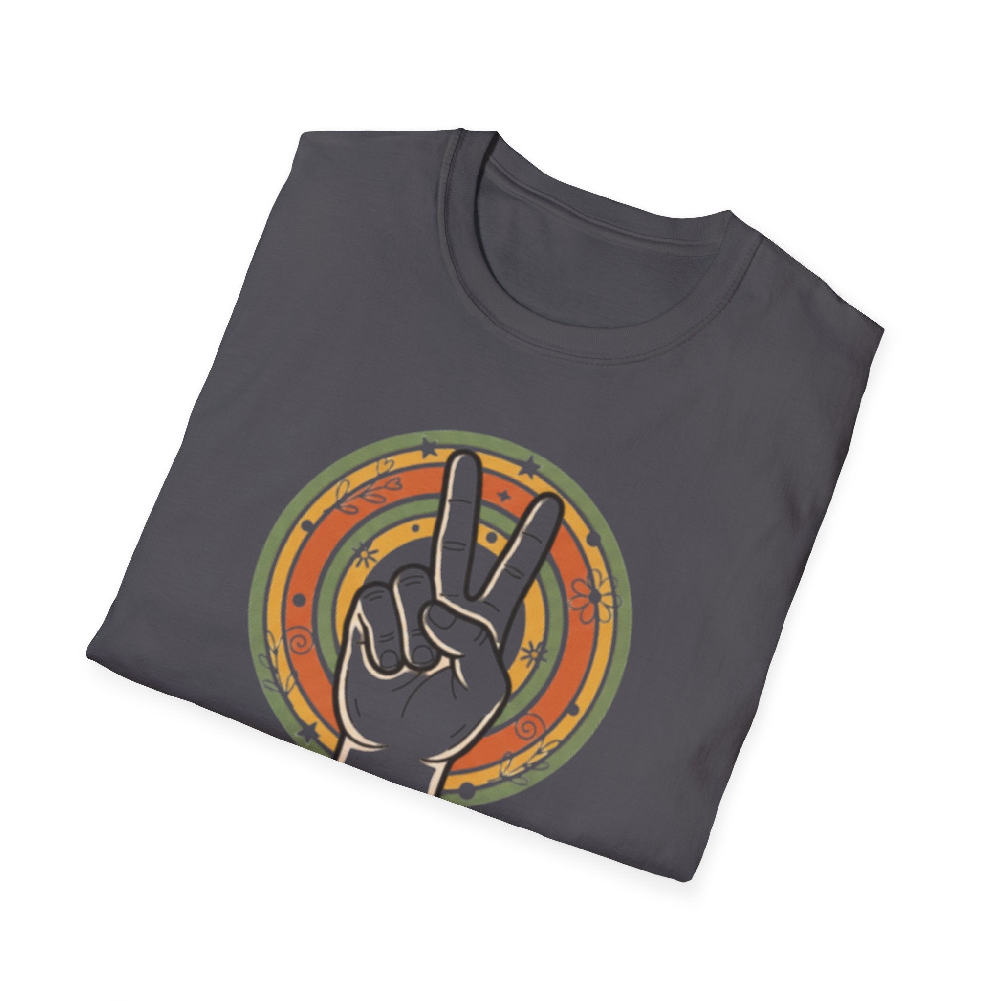 Peace Hand Sign T-Shirt | Retro Rainbow Circle, Vintage Hippie Vibe