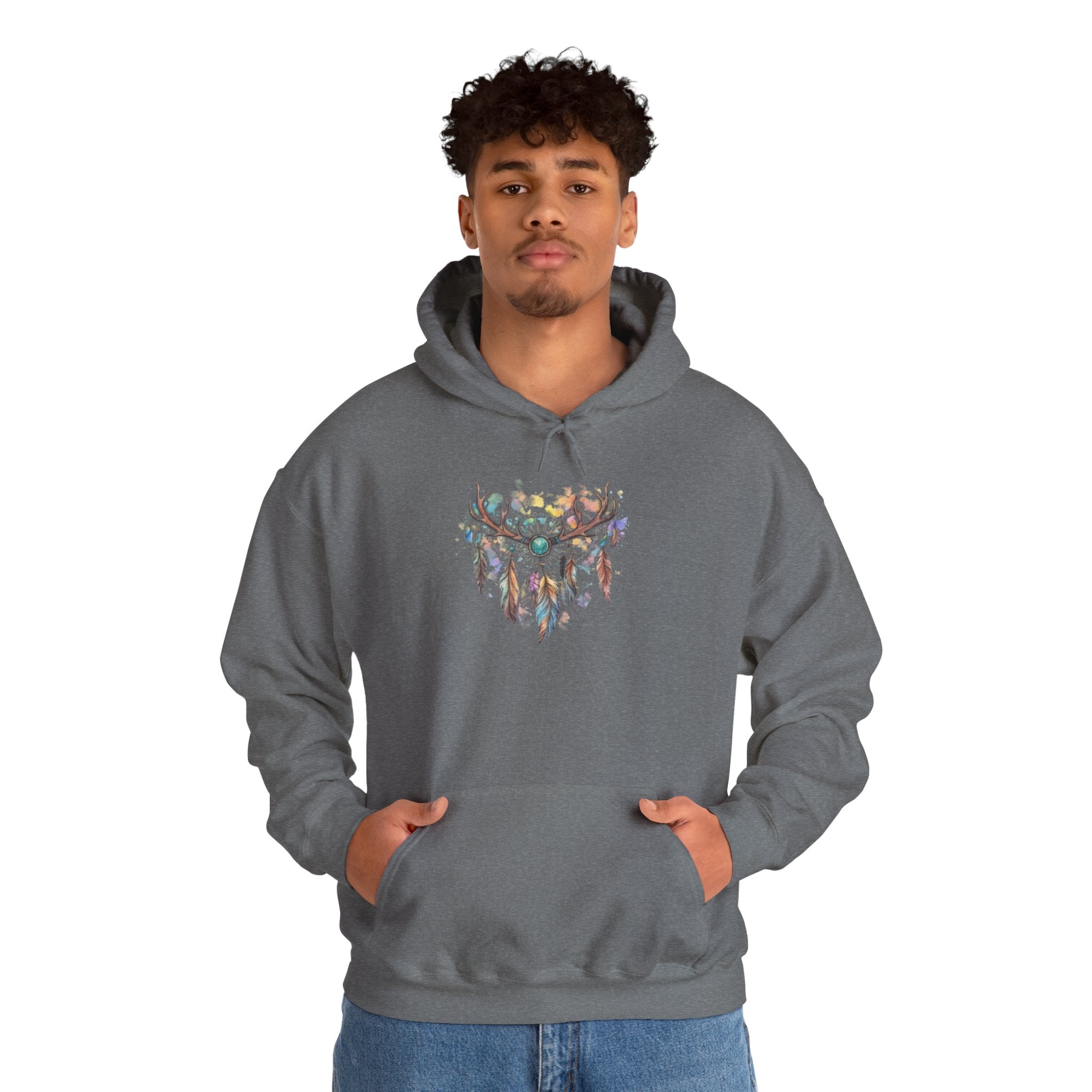 Dreamcatcher Antler Hoodie — Watercolor Feathers & Floral Boho Sweatshirt