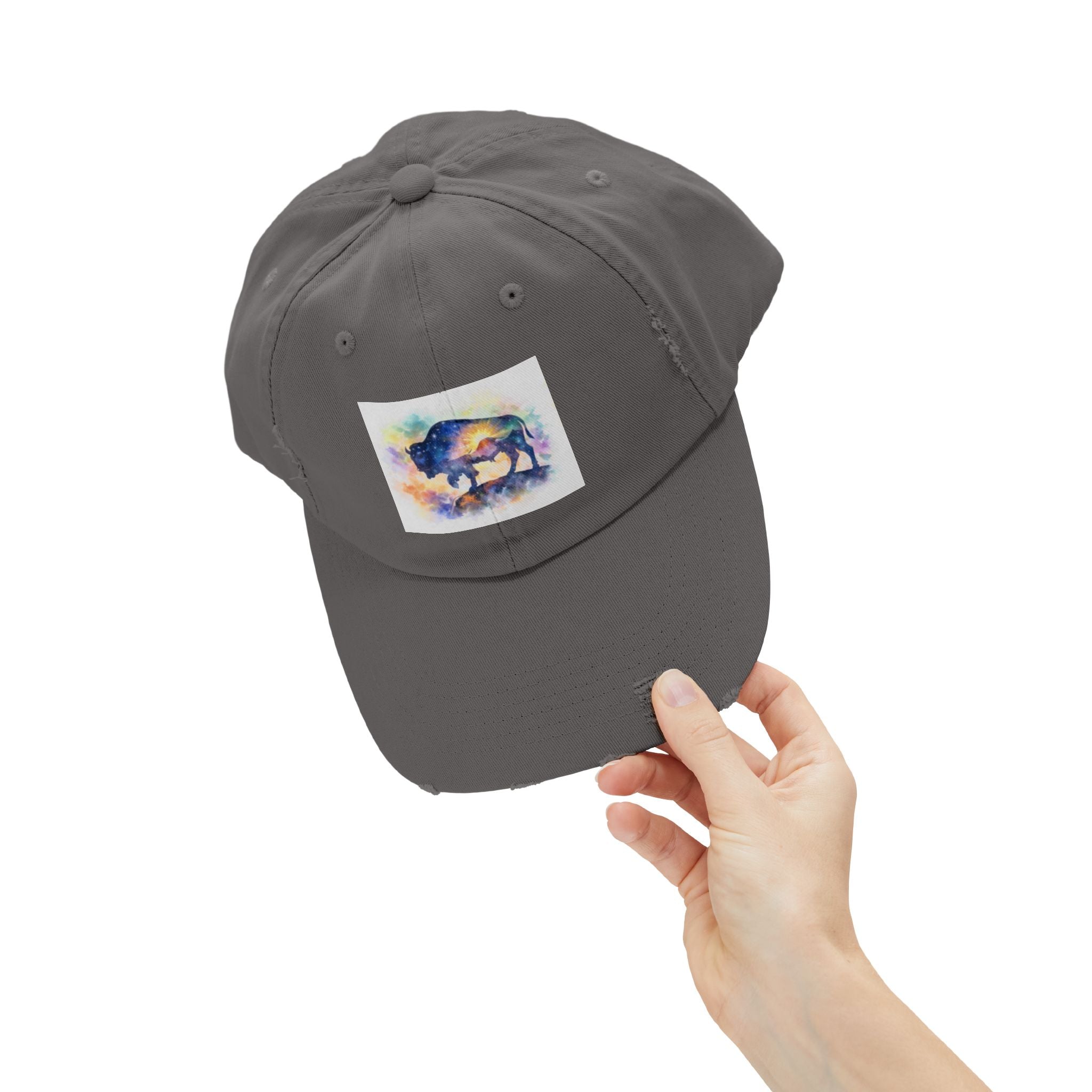 Distressed Buffalo Cap — Watercolor Bison Patch Hat