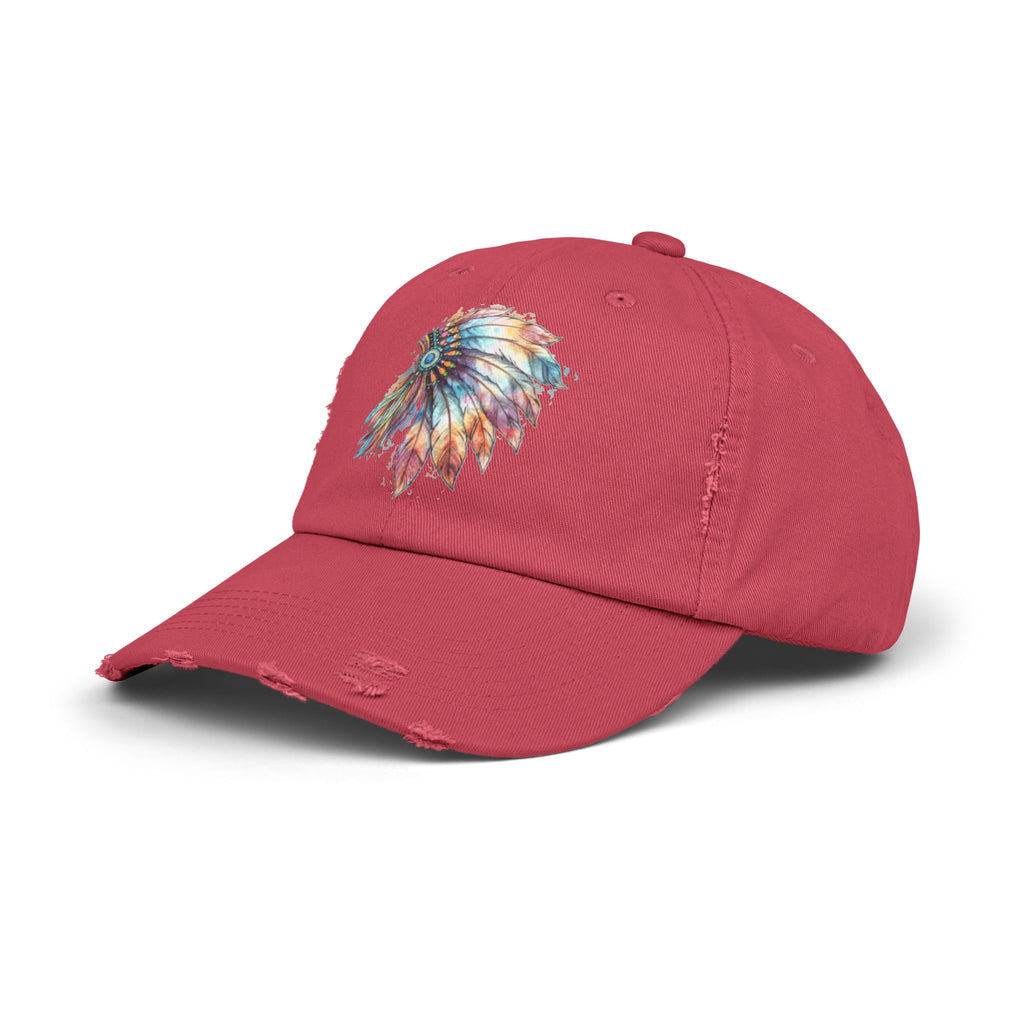 Distressed Cap with Colorful Watercolor Native Feather Headdress