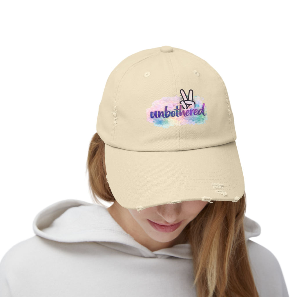 Unbothered Distressed Cap — Pastel Peace Sign Baseball Hat
