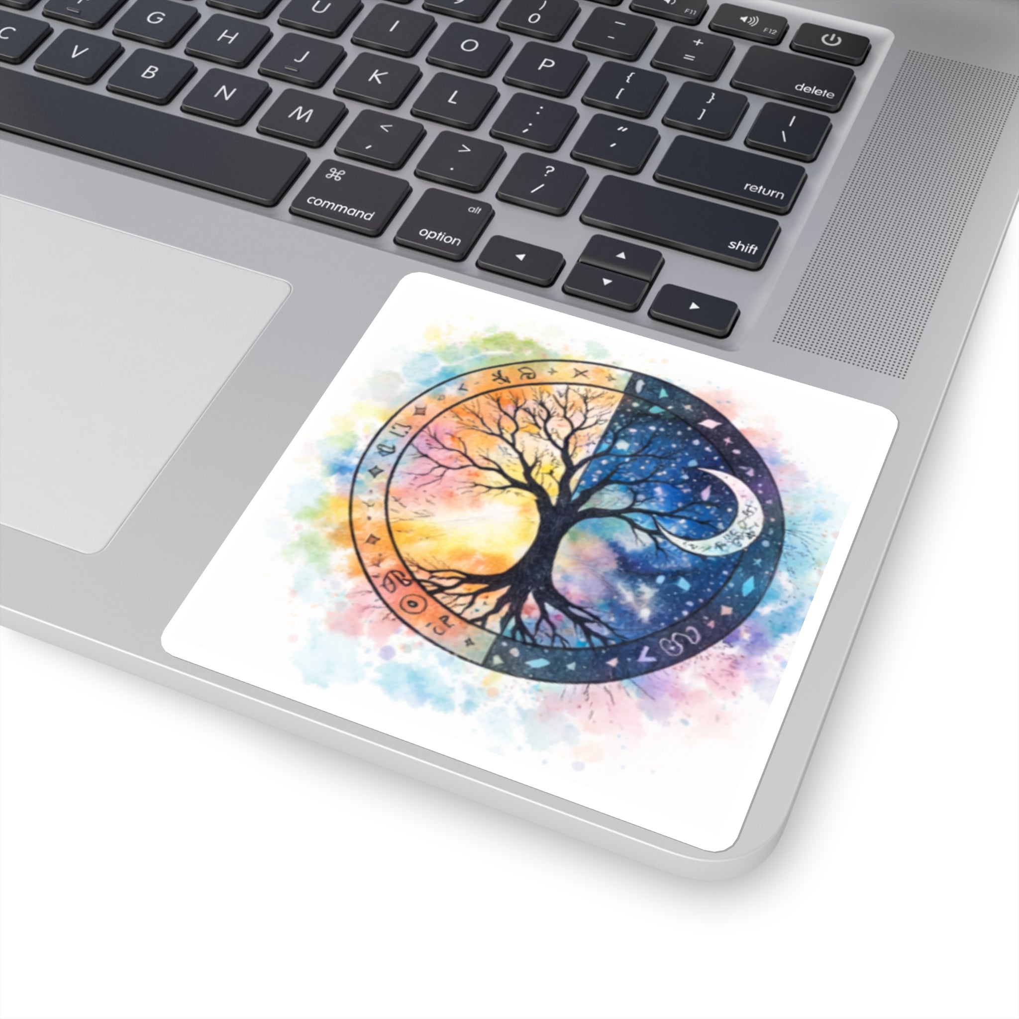 Yin Yang Tree of Life Square Stickers | Day Night Watercolor Astrology