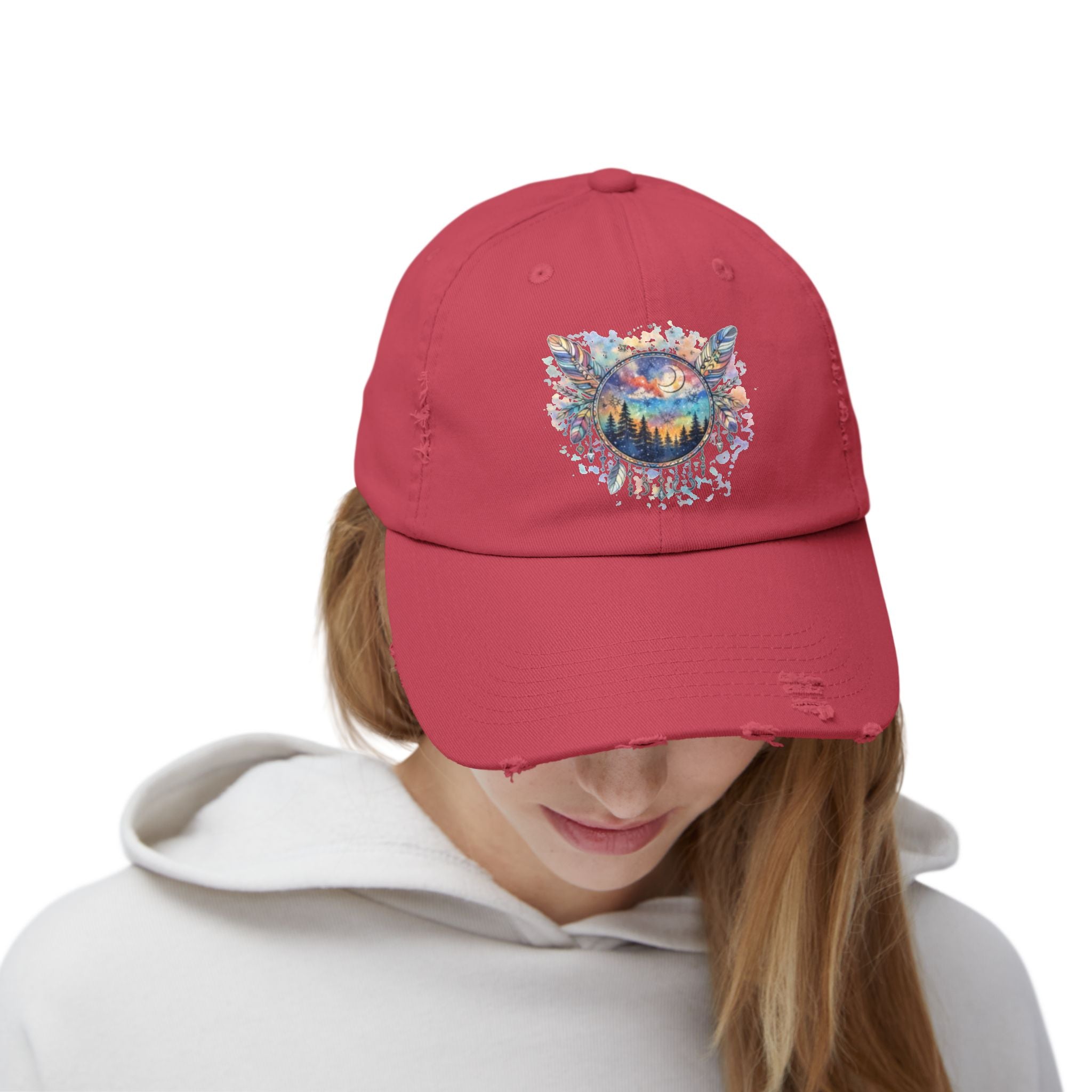 Wolf Moon Distressed Cap — Watercolor Nightscape Hat