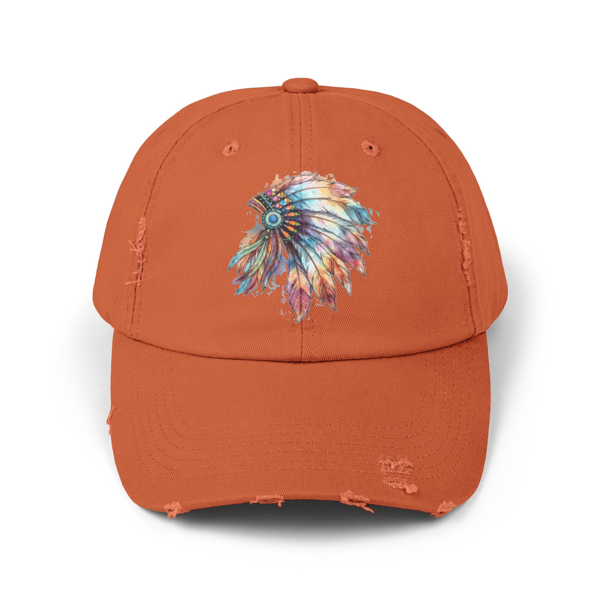 Distressed Cap with Colorful Watercolor Native Feather Headdress