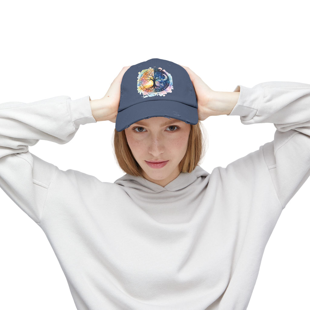 Distressed Cap — Watercolor Yin Yang Tree Baseball Hat