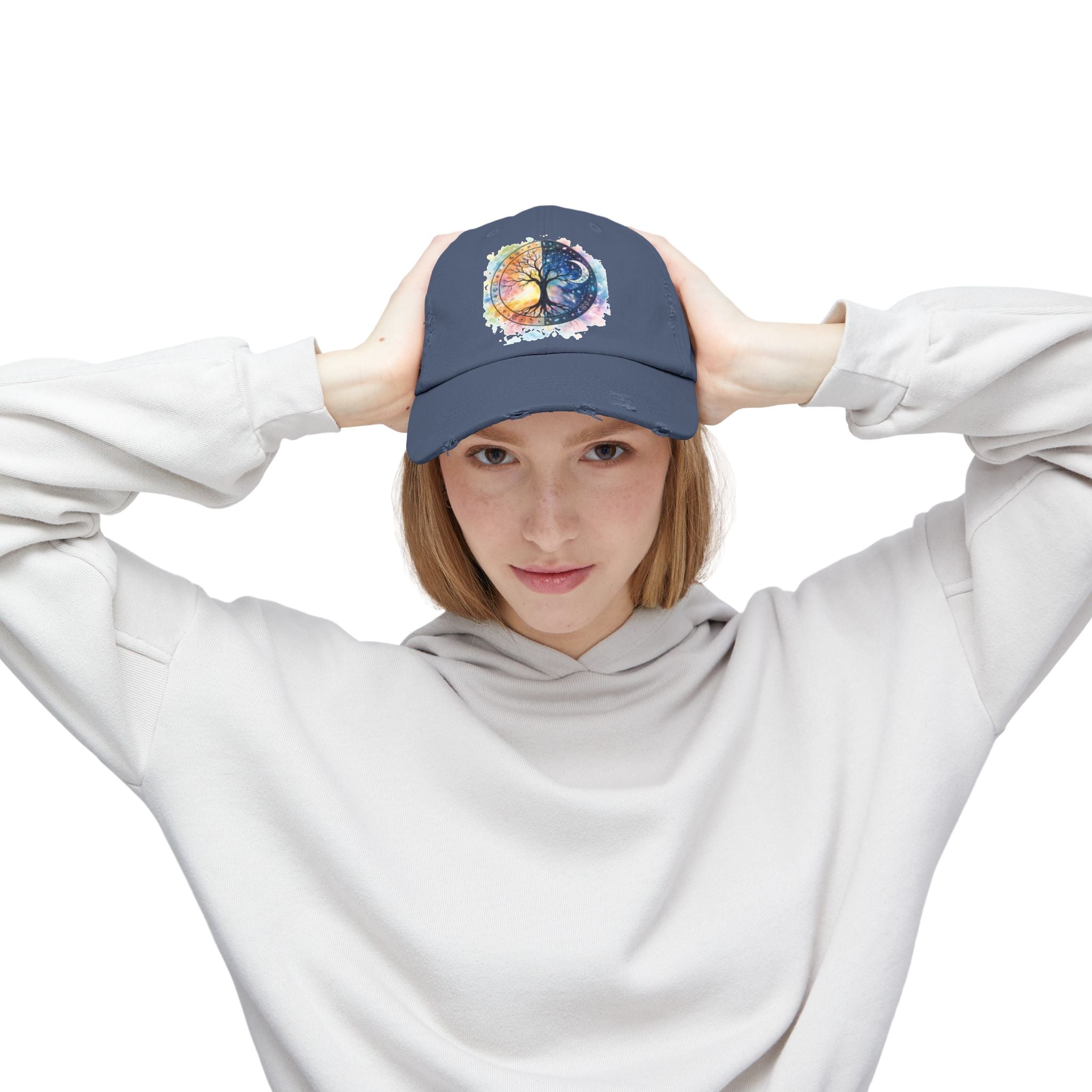Distressed Cap — Watercolor Yin Yang Tree Baseball Hat