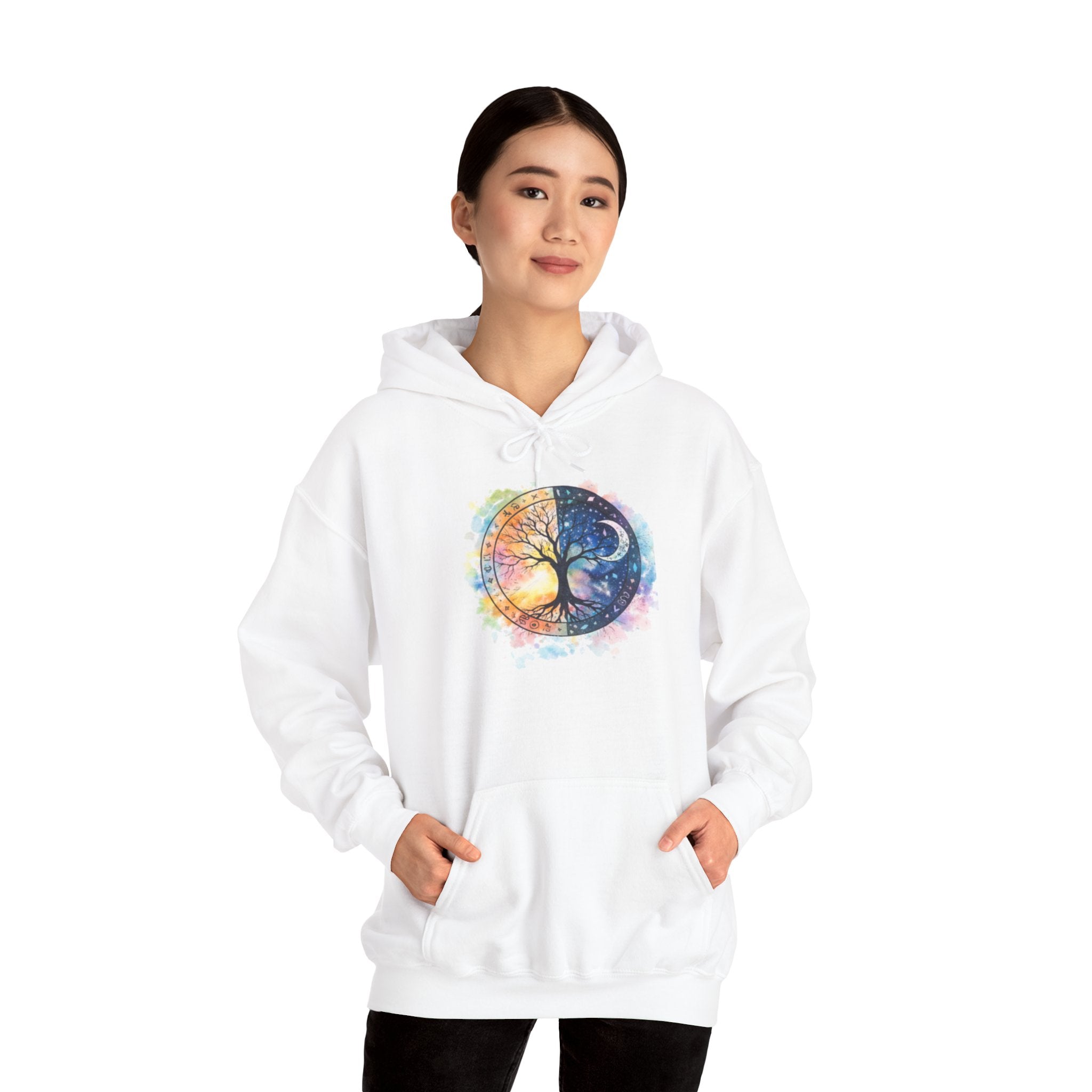 Yin Yang Tree Of Life Hoodie — Colorful Sun & Moon Spiritual Pullover