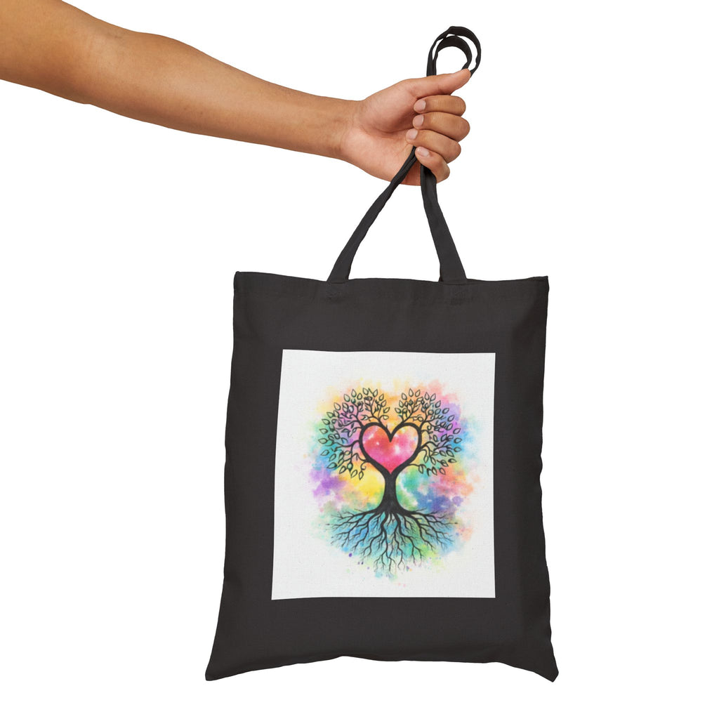 Rainbow Heart Tree Tote Bag | Cotton Canvas Tote, Boho Nature Design