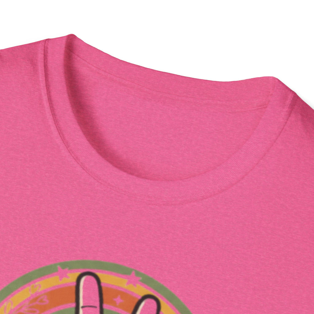Peace Hand Sign T-Shirt | Retro Rainbow Circle, Vintage Hippie Vibe