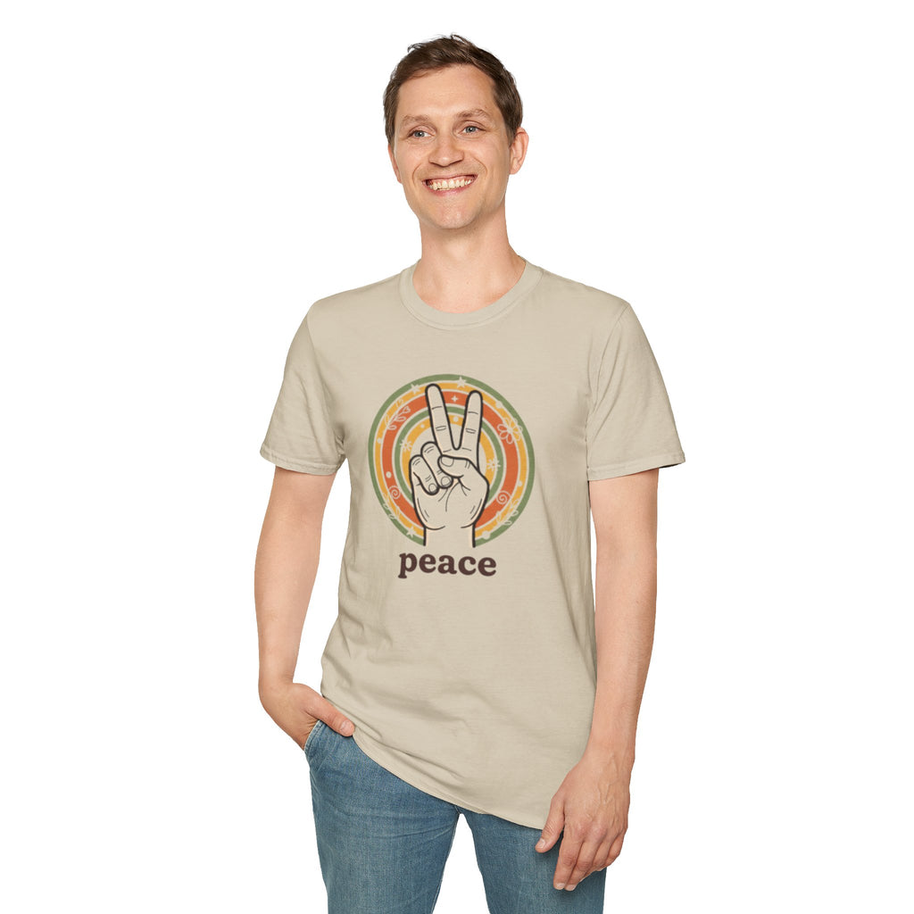 Peace Hand Sign T-Shirt | Retro Rainbow Circle, Vintage Hippie Vibe
