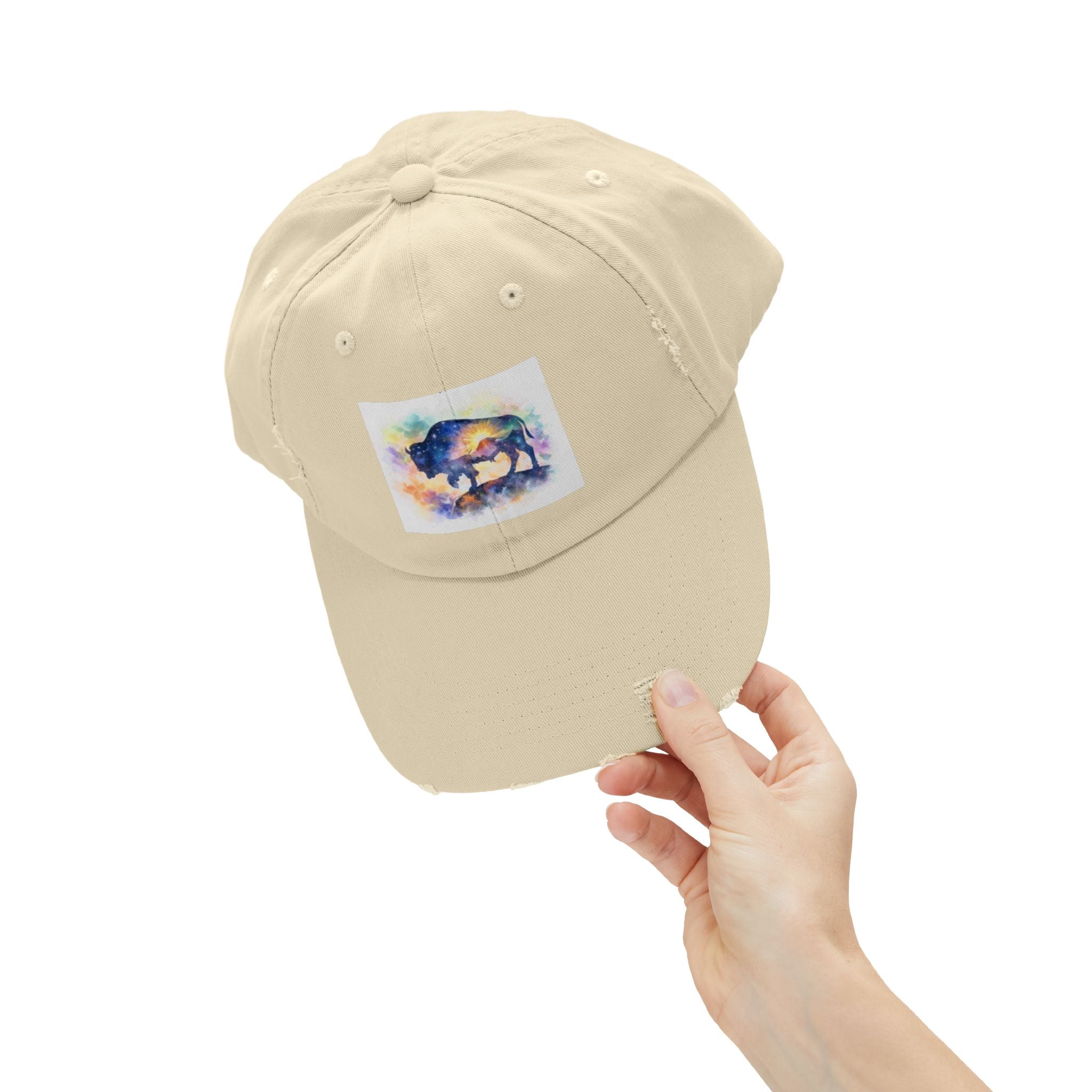 Distressed Buffalo Cap — Watercolor Bison Patch Hat