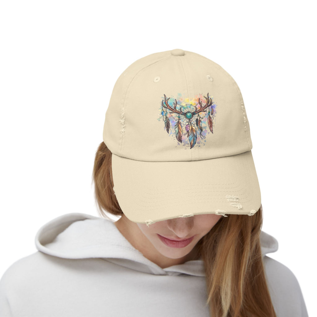 Distressed Hat. Watercolor Antler Dreamcatcher