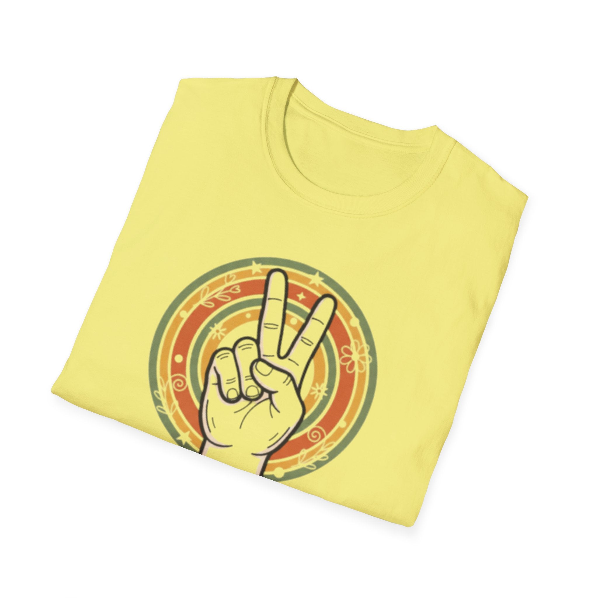Peace Hand Sign T-Shirt | Retro Rainbow Circle, Vintage Hippie Vibe