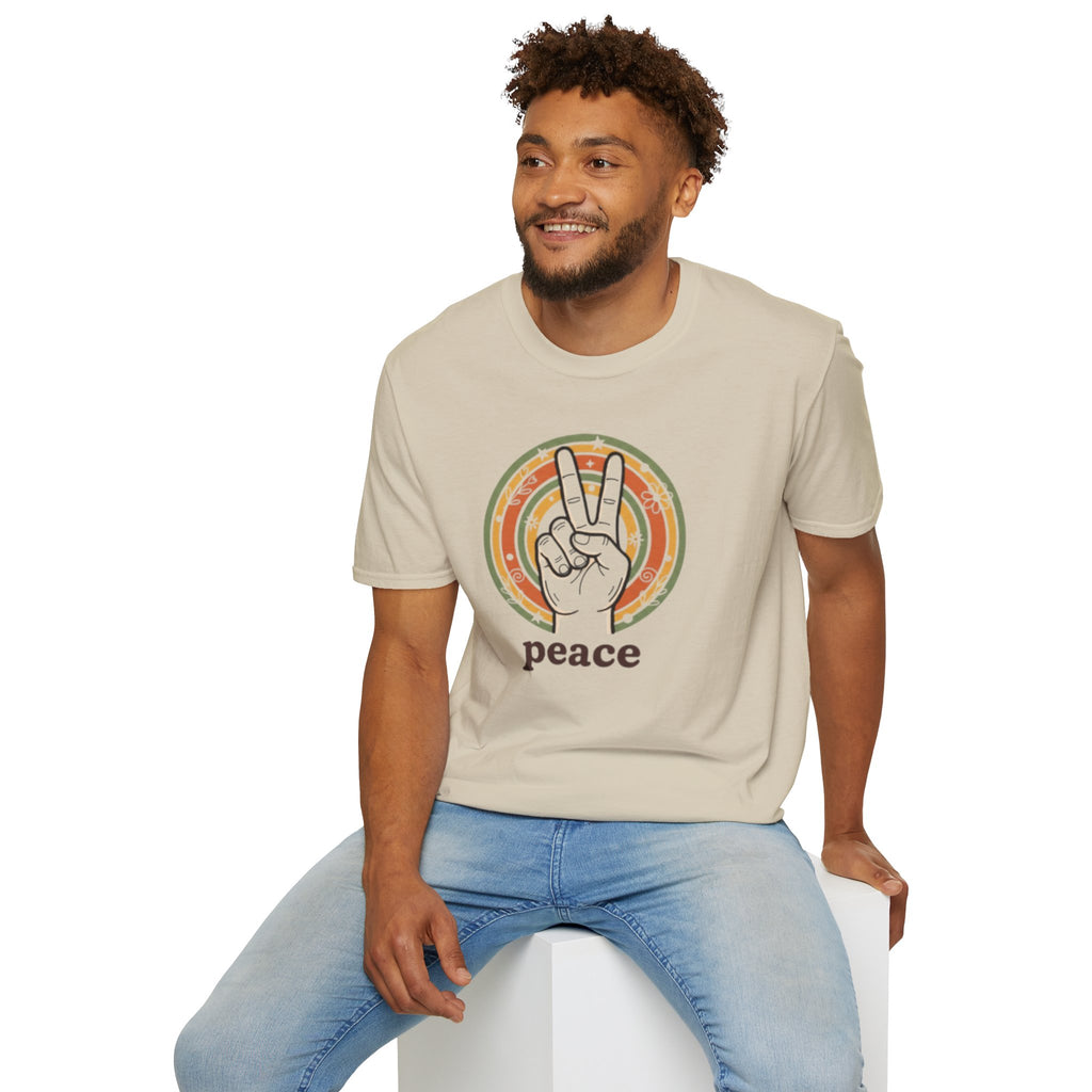 Peace Hand Sign T-Shirt | Retro Rainbow Circle, Vintage Hippie Vibe