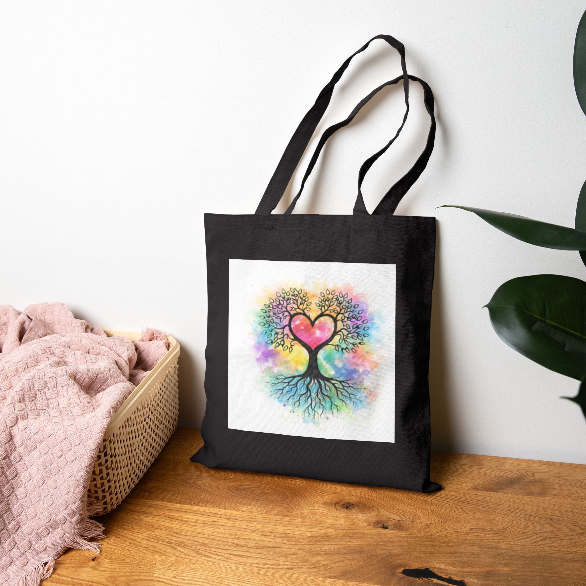 Rainbow Heart Tree Tote Bag | Cotton Canvas Tote, Boho Nature Design