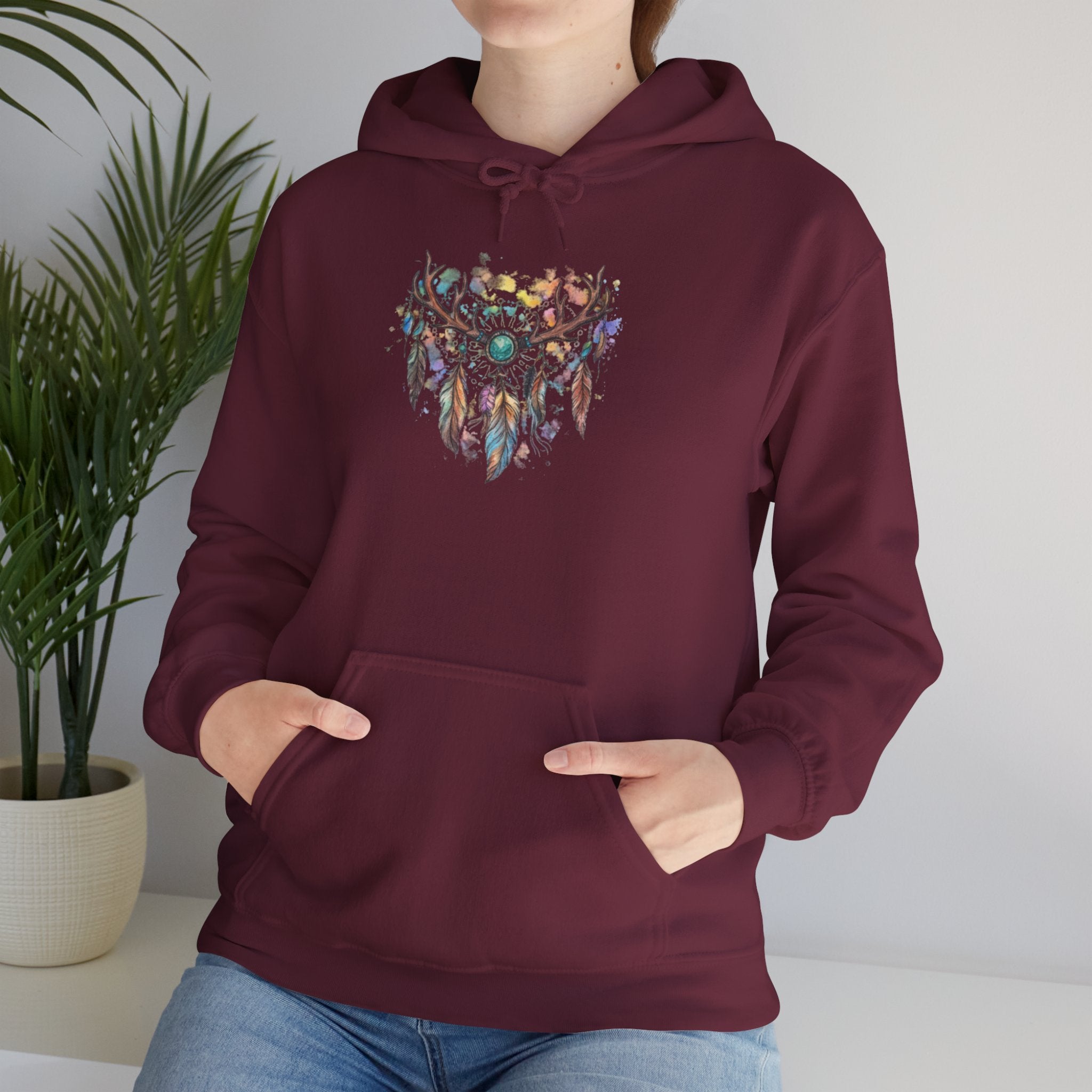 Dreamcatcher Antler Hoodie — Watercolor Feathers & Floral Boho Sweatshirt