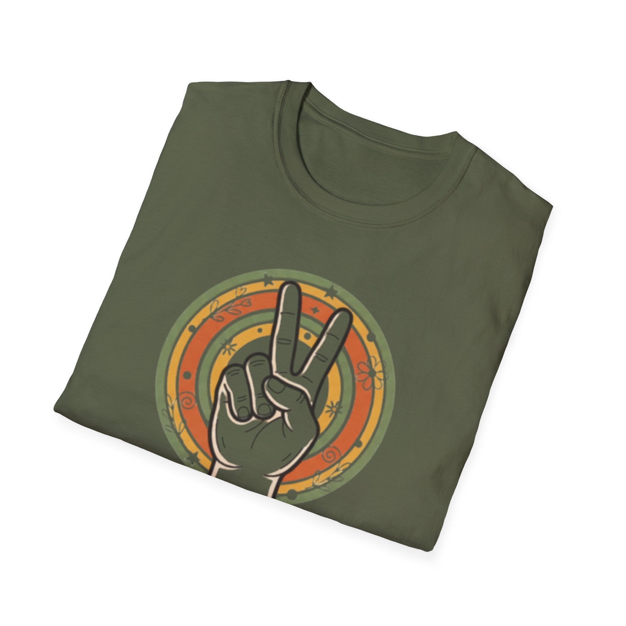 Peace Hand Sign T-Shirt | Retro Rainbow Circle, Vintage Hippie Vibe