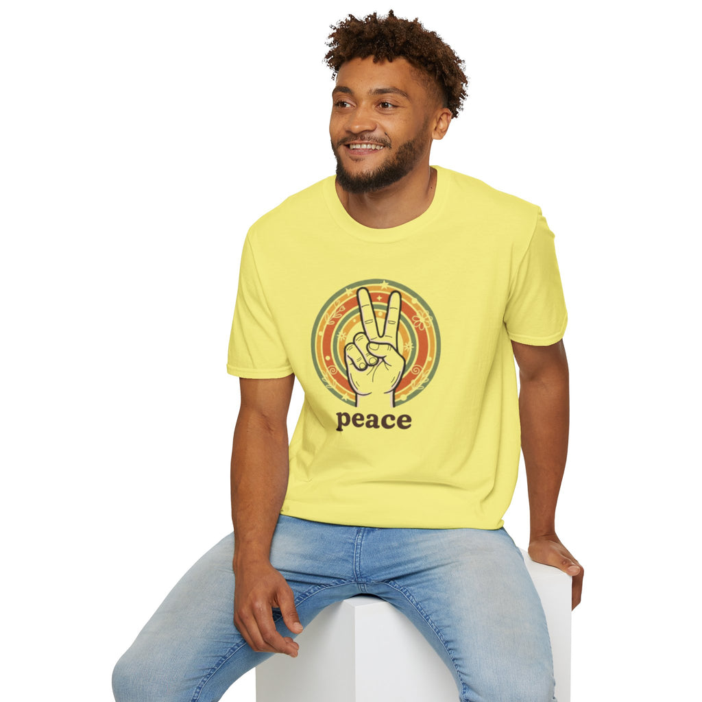 Peace Hand Sign T-Shirt | Retro Rainbow Circle, Vintage Hippie Vibe