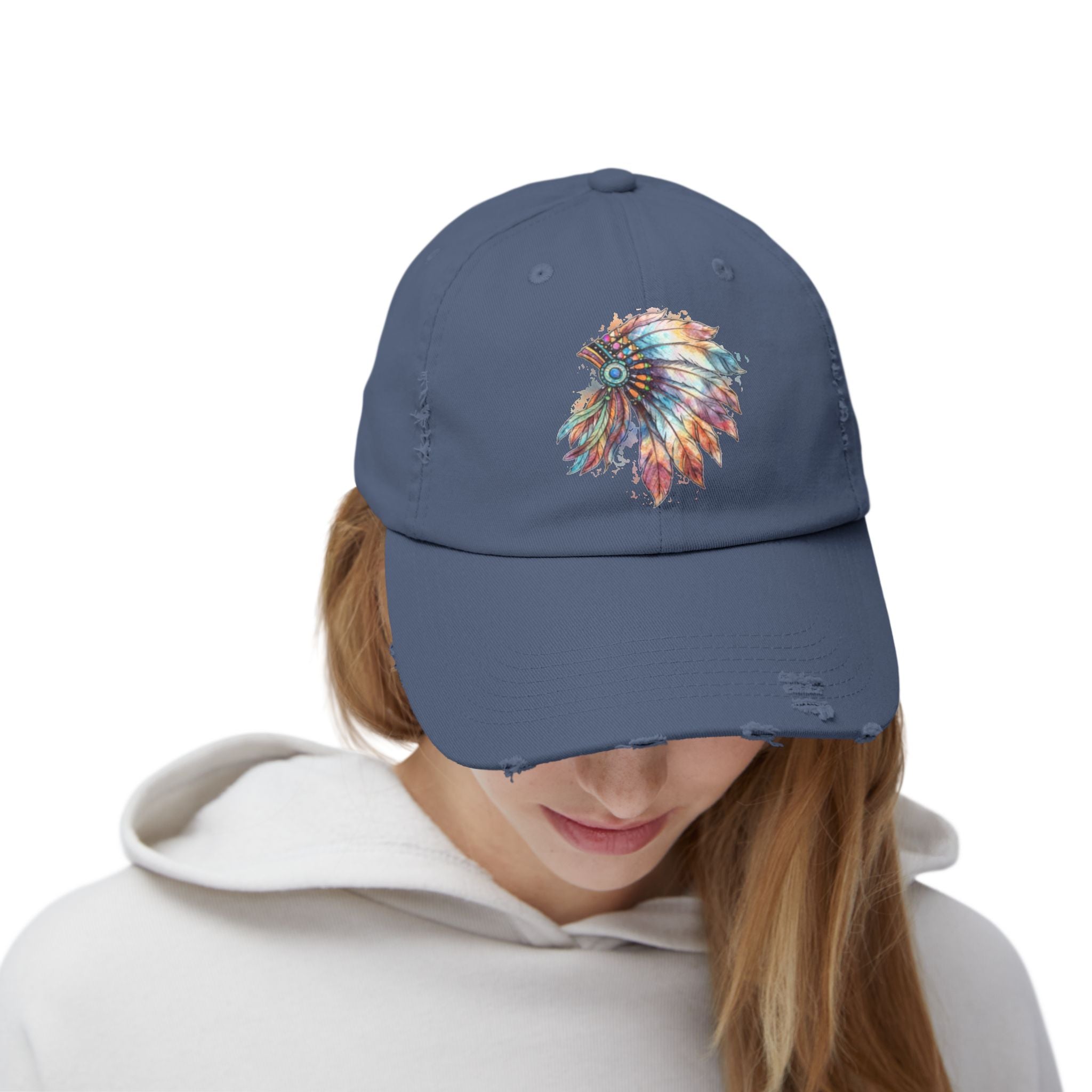 Distressed Cap with Colorful Watercolor Native Feather Headdress