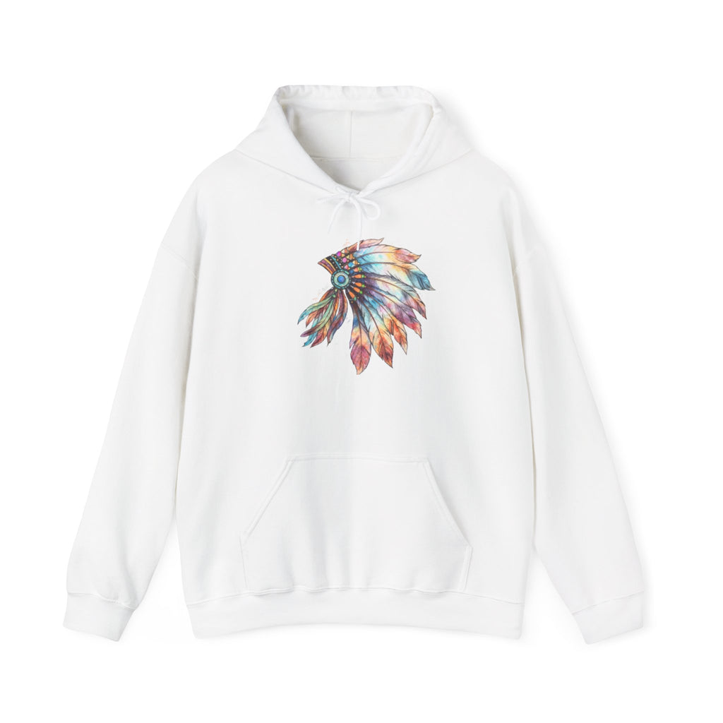 Colorful Feather Headdress Hoodie — Vibrant Native-Inspired Graphic Sweatshirt