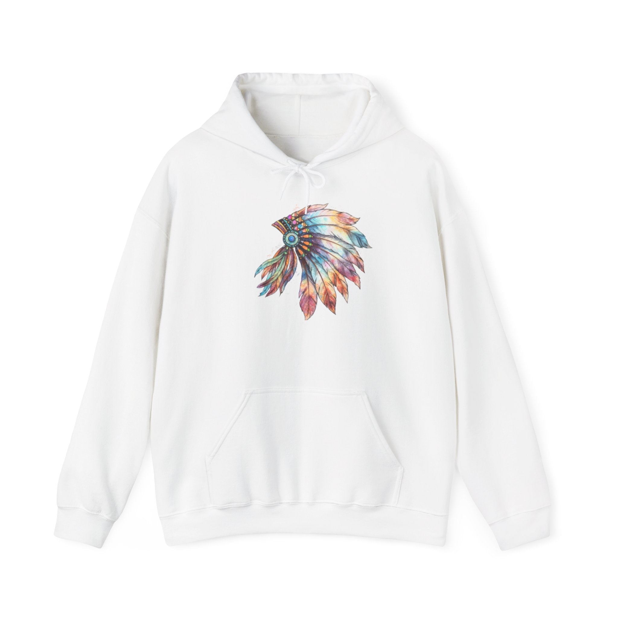 Colorful Feather Headdress Hoodie — Vibrant Native-Inspired Graphic Sweatshirt